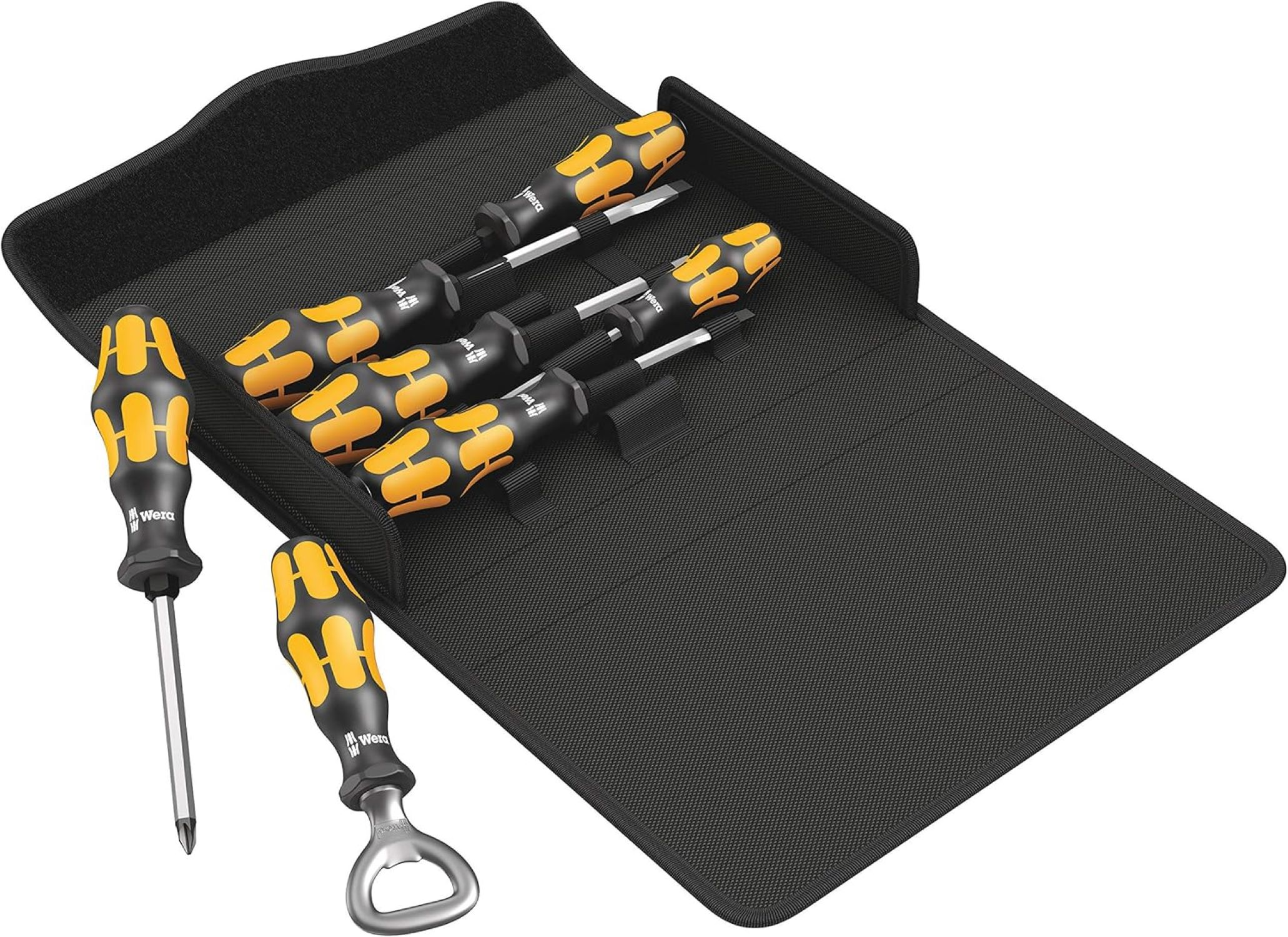 Schraubendreher-Set in schwarzem Etui, gelb-schwarze Griffe, Flaschenöffner.