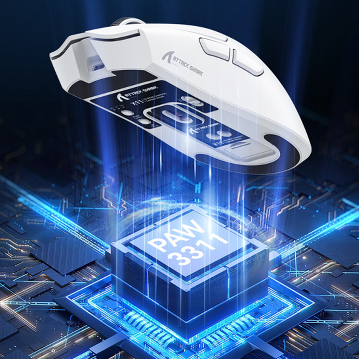 Mouse da gioco bianco con dettagli neri. Sfondo con circuito stampato, etichetta PAW 3311 e logo Attack Shark.