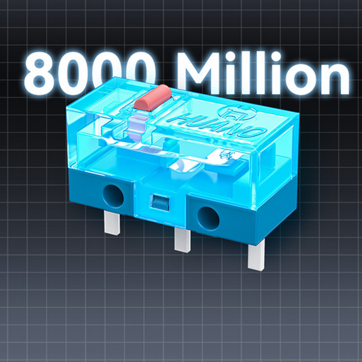 Ein blaues elektronisches Bauteil hat den Text 8000 Millionen. Es hat zwei Löcher und drei Stifte, alle auf einem schwarzen Raster.