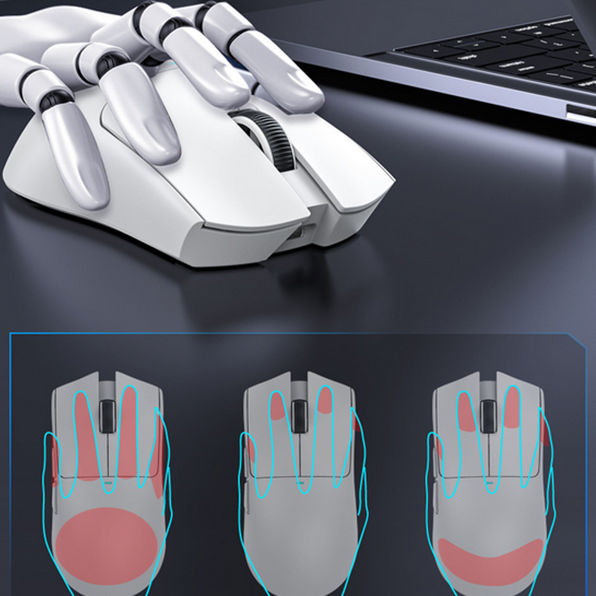 Mouse per computer bianco con contorni di mani che mostrano diversi stili di presa.