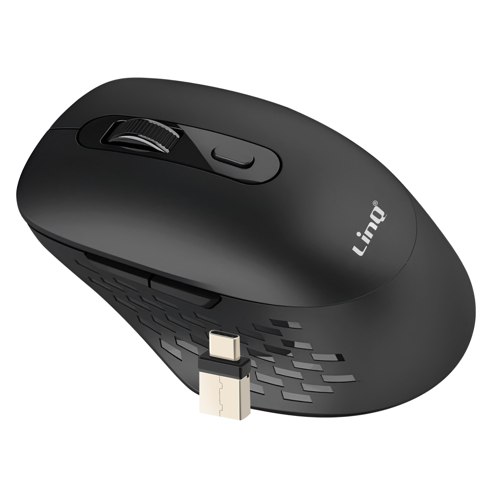 Mouse wireless nero con ricevitore USB. Il mouse ha una rotella e dei pulsanti.