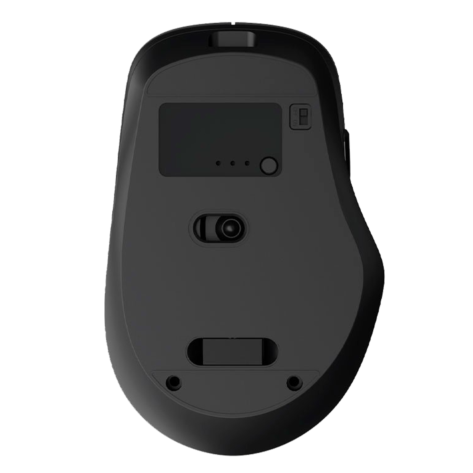 Vista inferiore di un mouse wireless nero con porta di ricarica, su sfondo bianco.