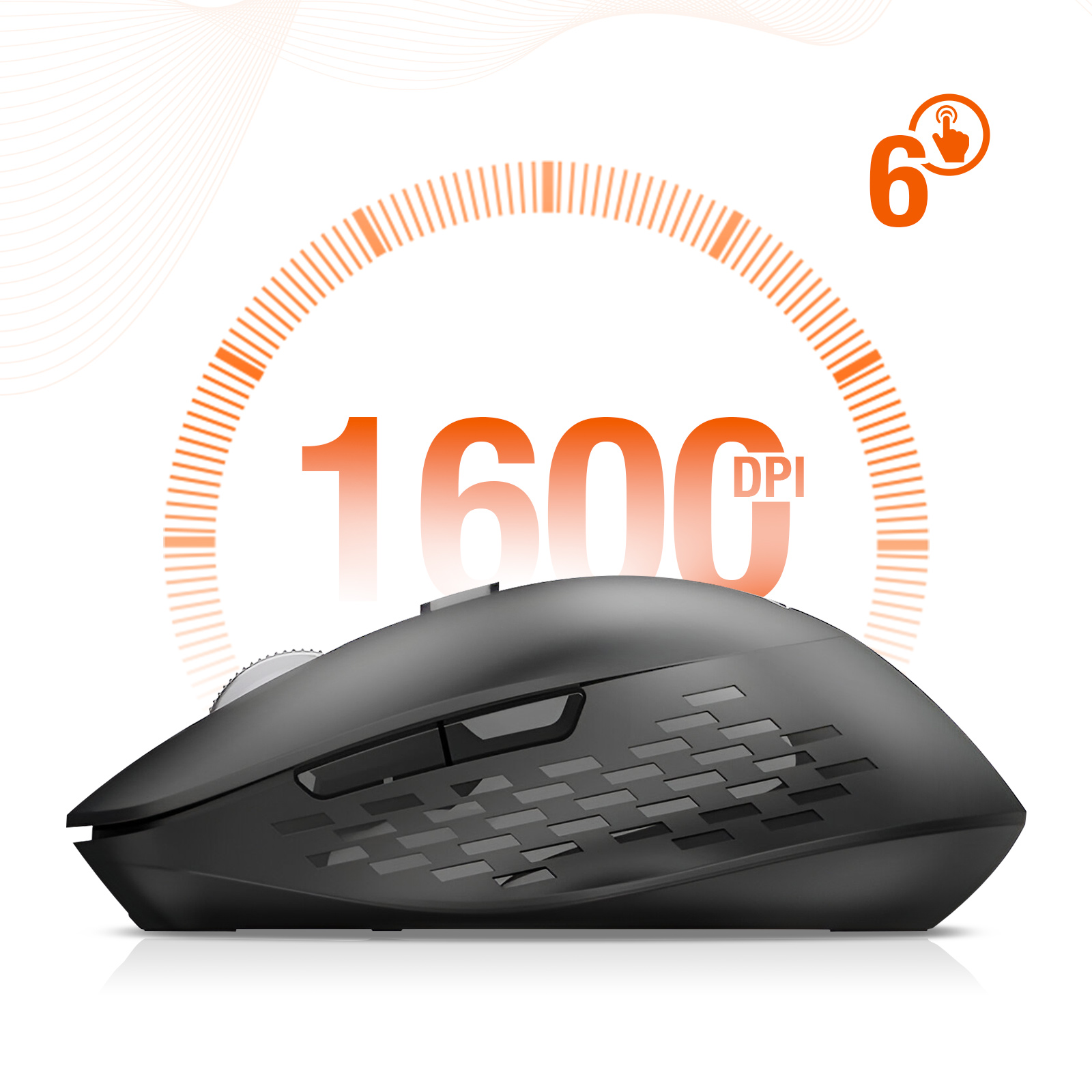 Un mouse per computer nero con grafica arancione. I DPI sono 1600 e ha sei pulsanti.