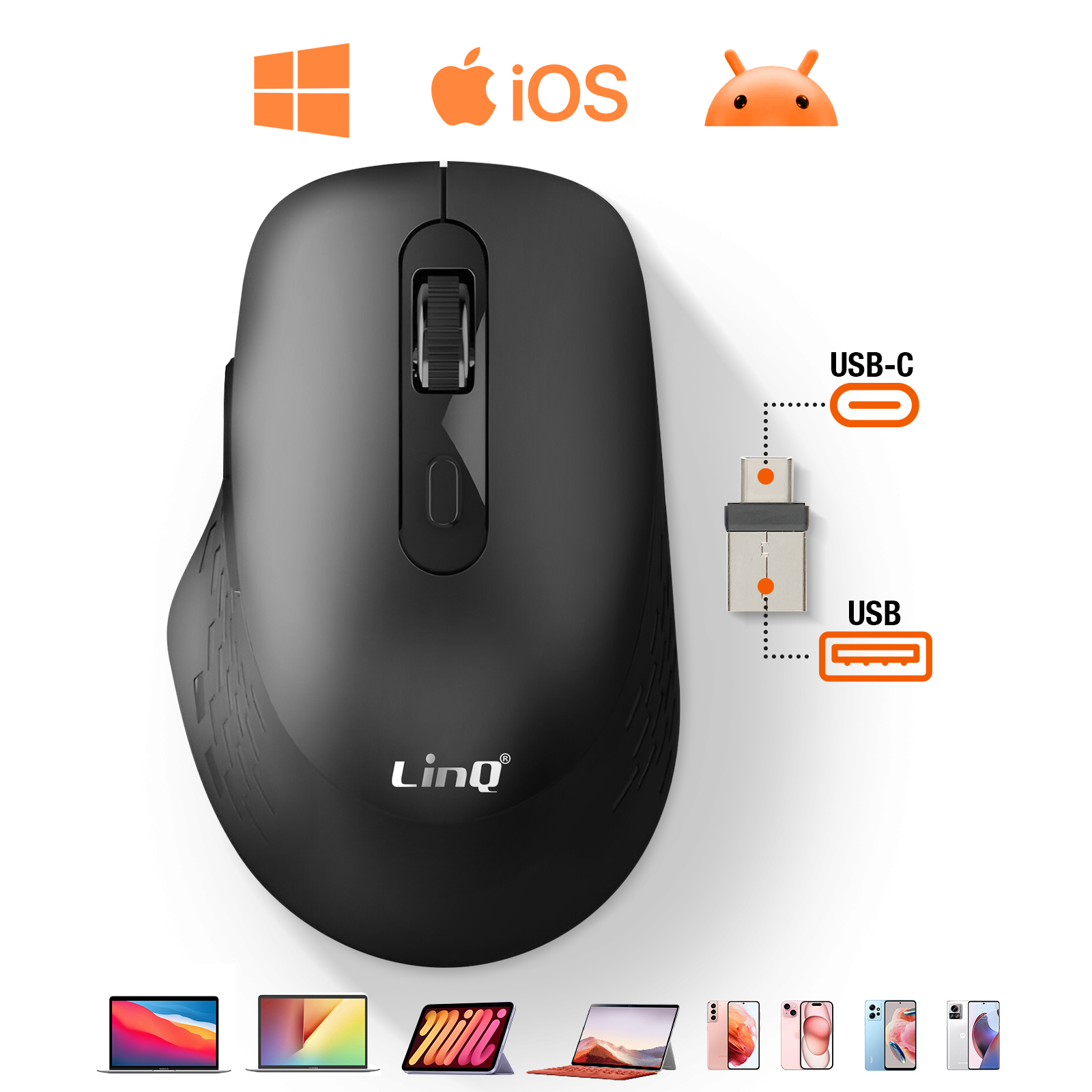 Un mouse wireless nero con adattatore USB-C e USB e icone per vari dispositivi.