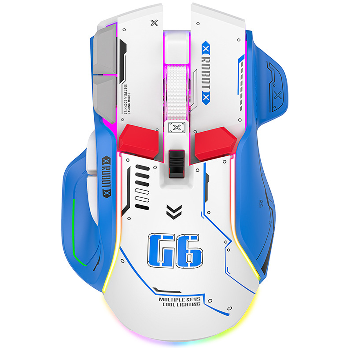 Mouse per computer blu e bianco con più tasti ed effetto luce.