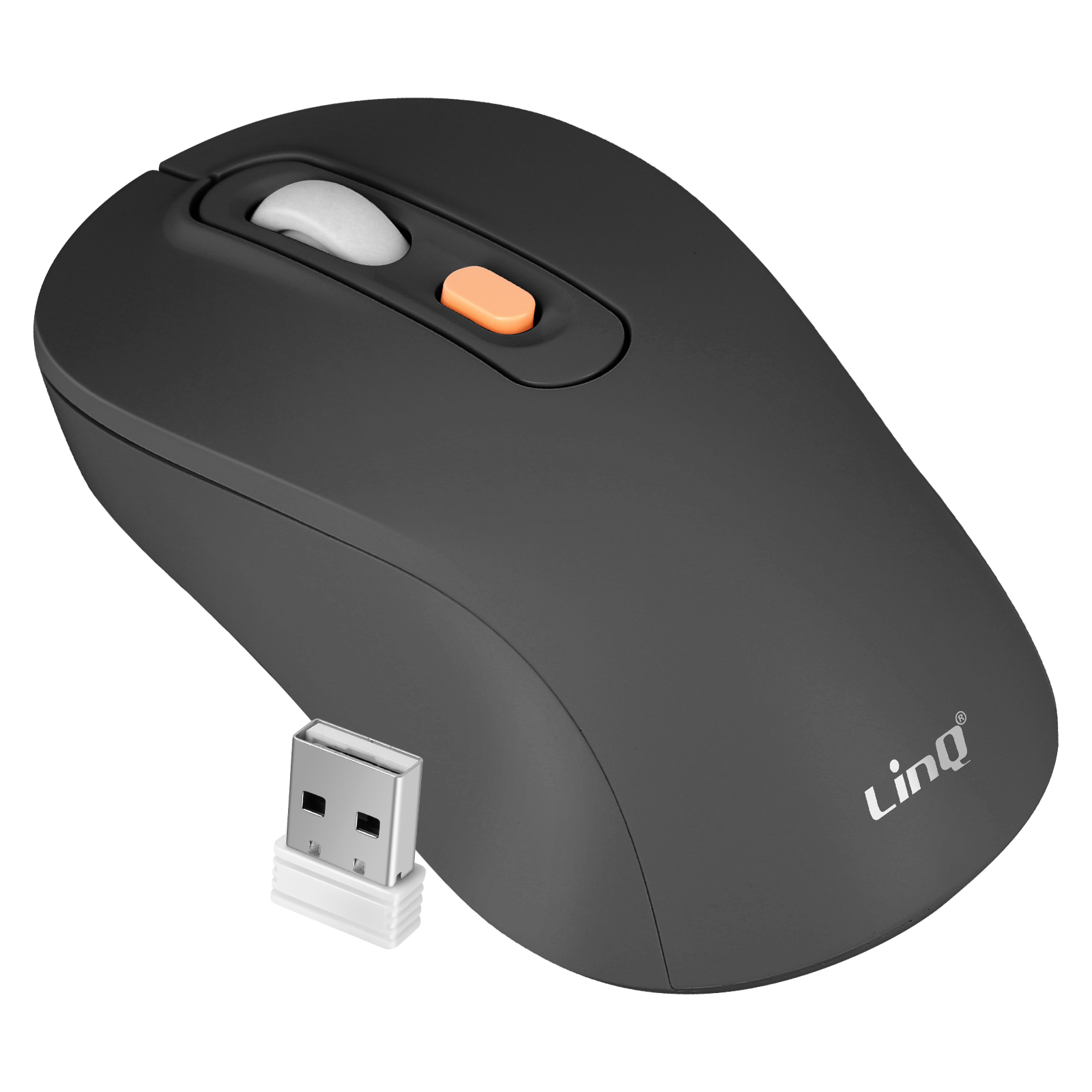 Un ratón inalámbrico negro con una rueda de desplazamiento naranja y un receptor USB. 'LinQ' está impreso en el ratón.