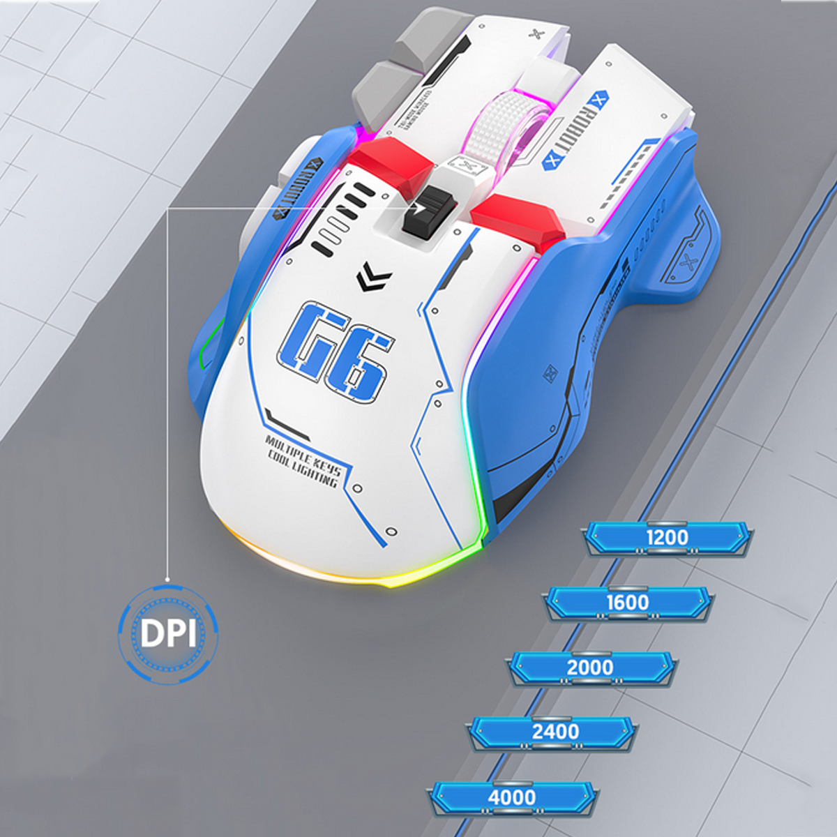 Un mouse da gioco con design blu e bianco. È dotato di più pulsanti e indicatori DPI sottostanti.