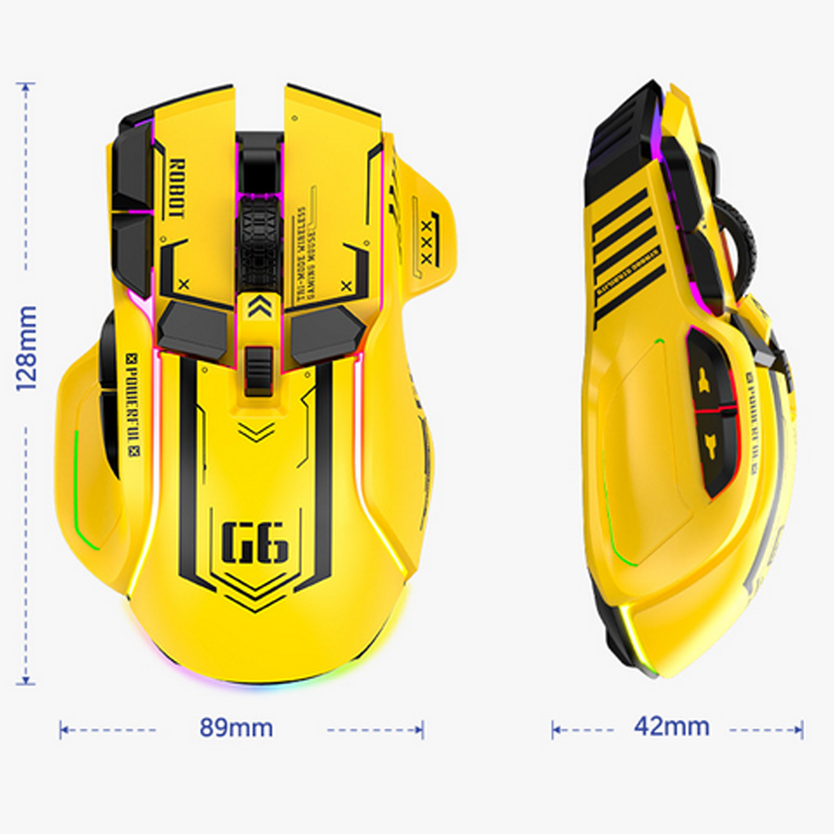 Mouse da gaming giallo con dettagli neri, che mostra dimensioni e funzionalità.