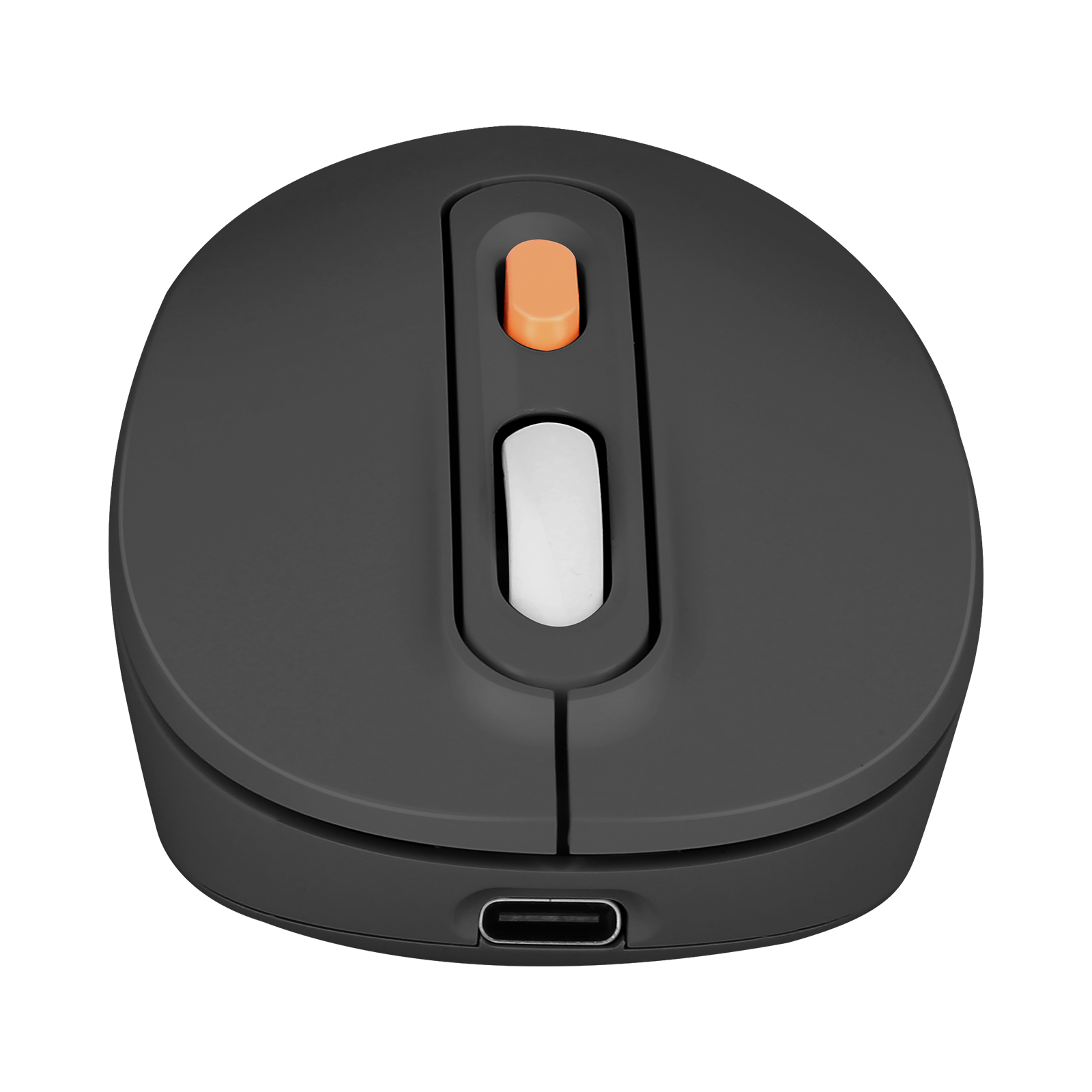 Ratón de ordenador negro con botones naranja y blanco y puerto USB.