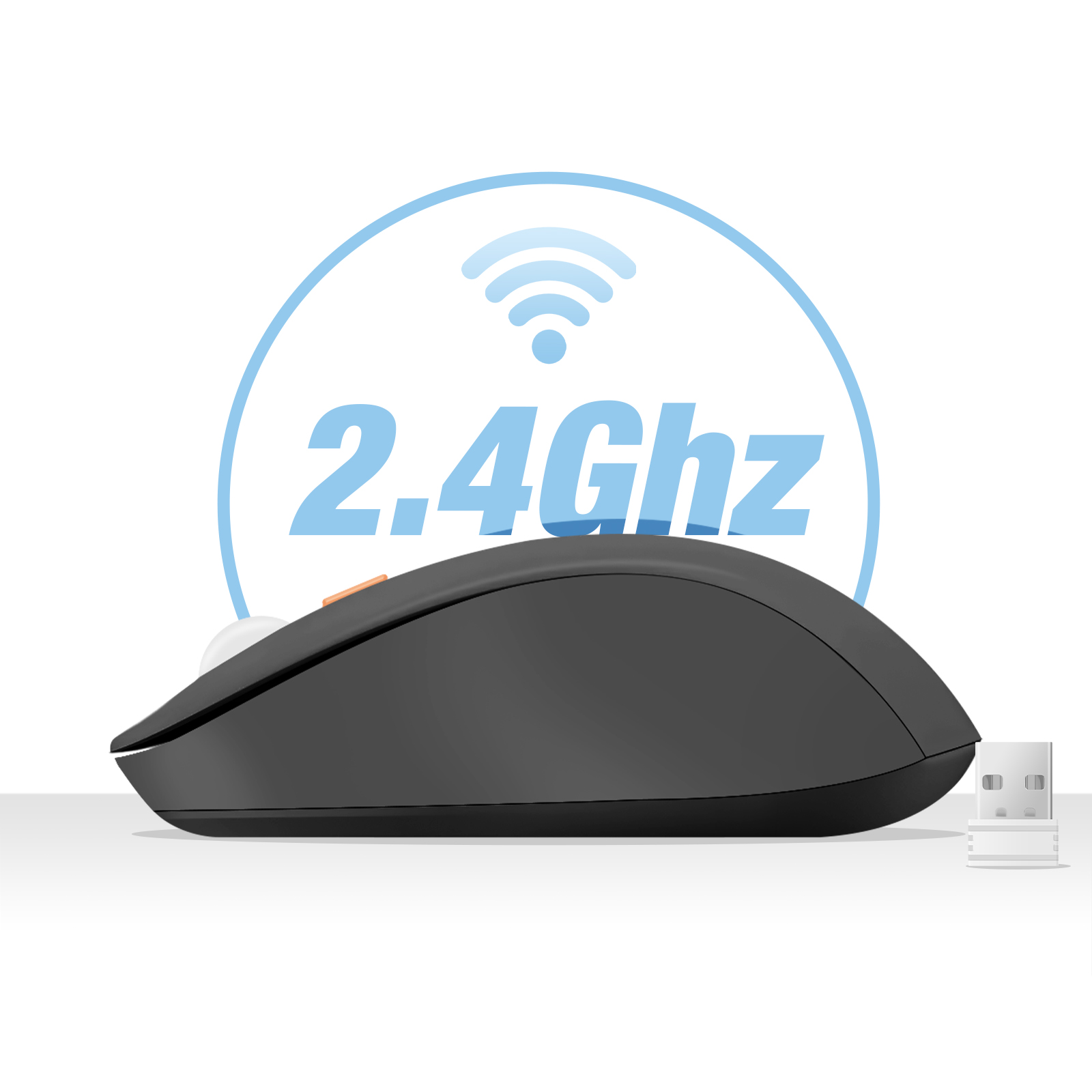 Ratón inalámbrico negro con logotipo de 2,4 GHz. Un receptor USB está a la derecha.
