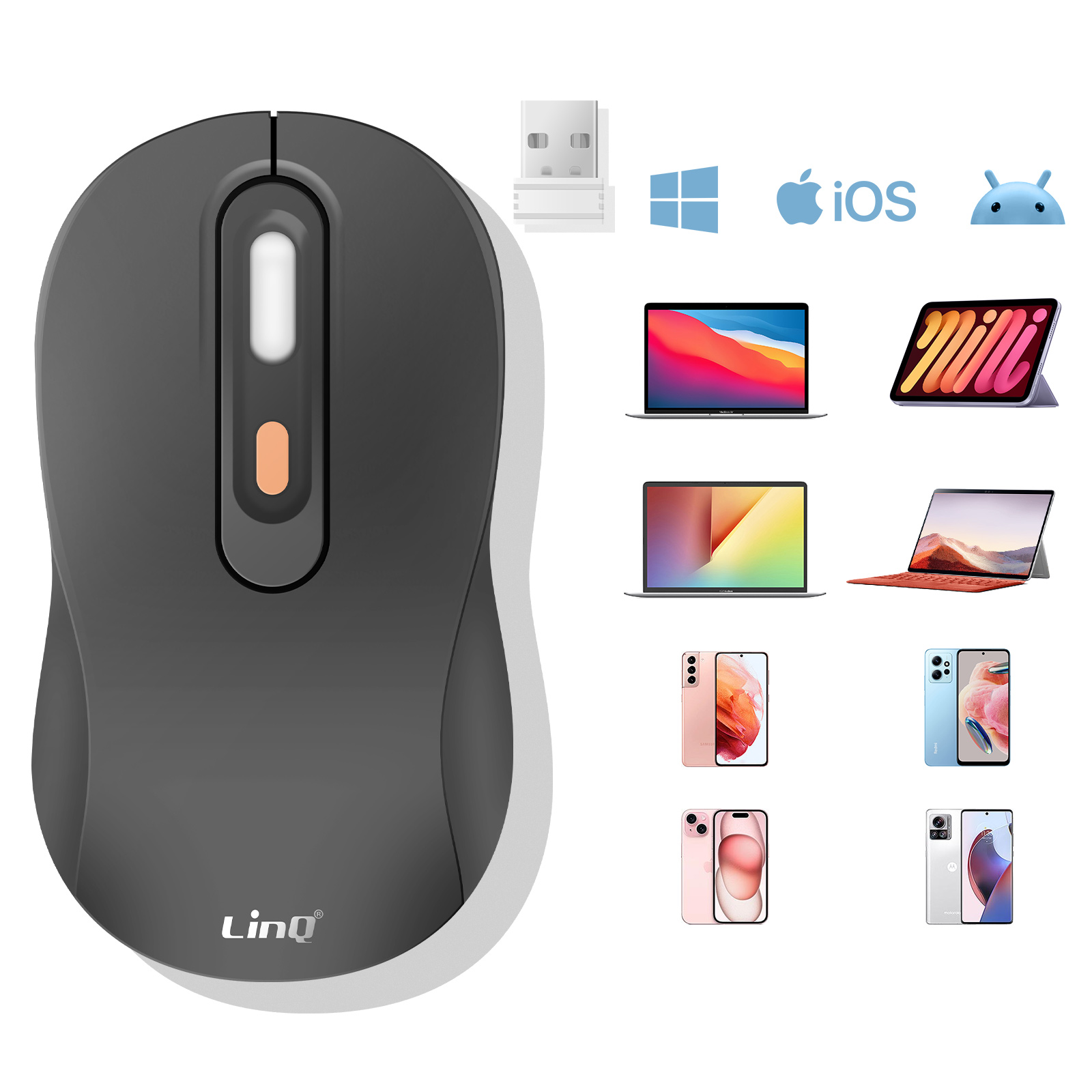 Un ratón inalámbrico gris con receptor USB. Iconos de Windows, Apple y Android visibles.