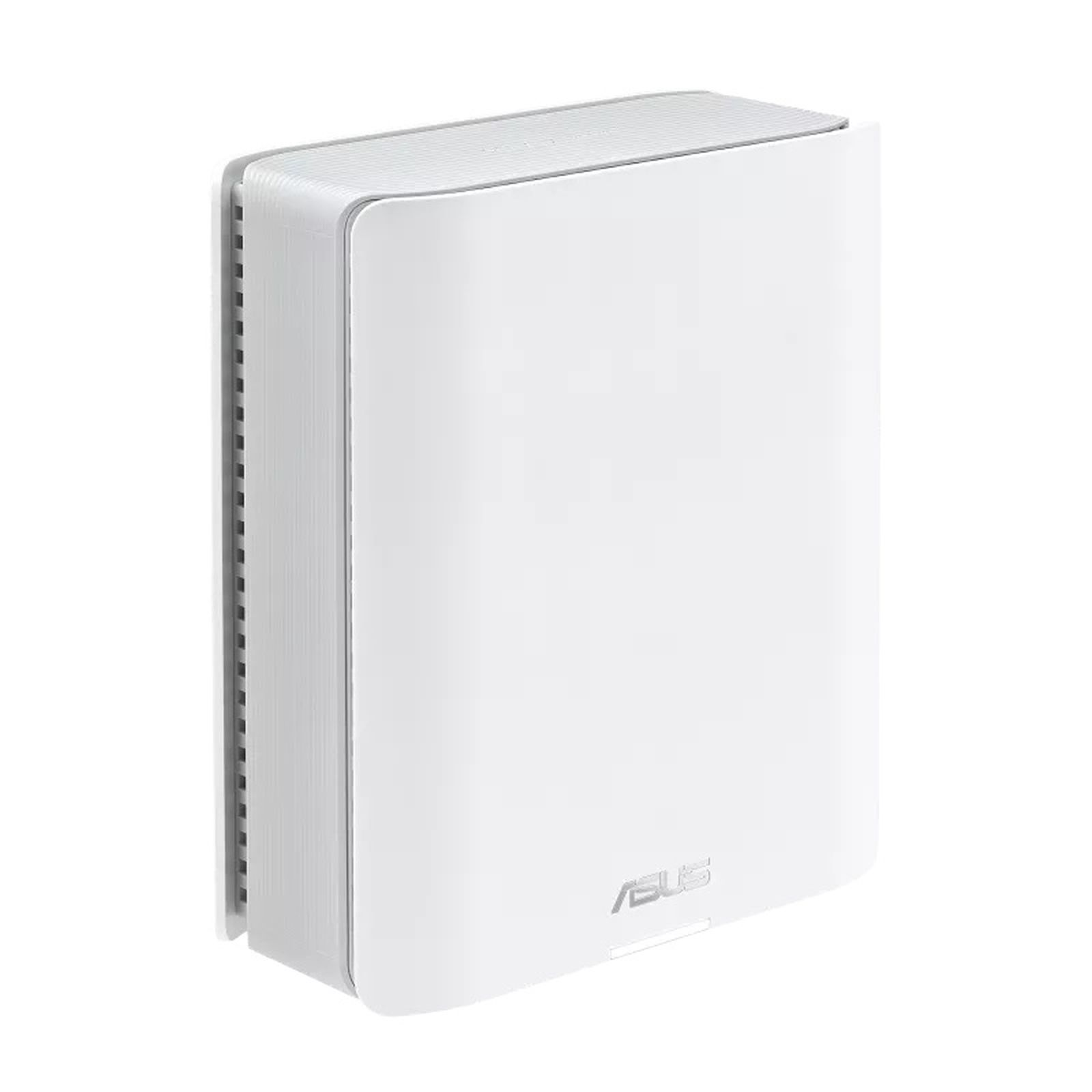 Een witte router met afgeronde randen. Het ASUS-logo is zichtbaar. Witte achtergrond.
