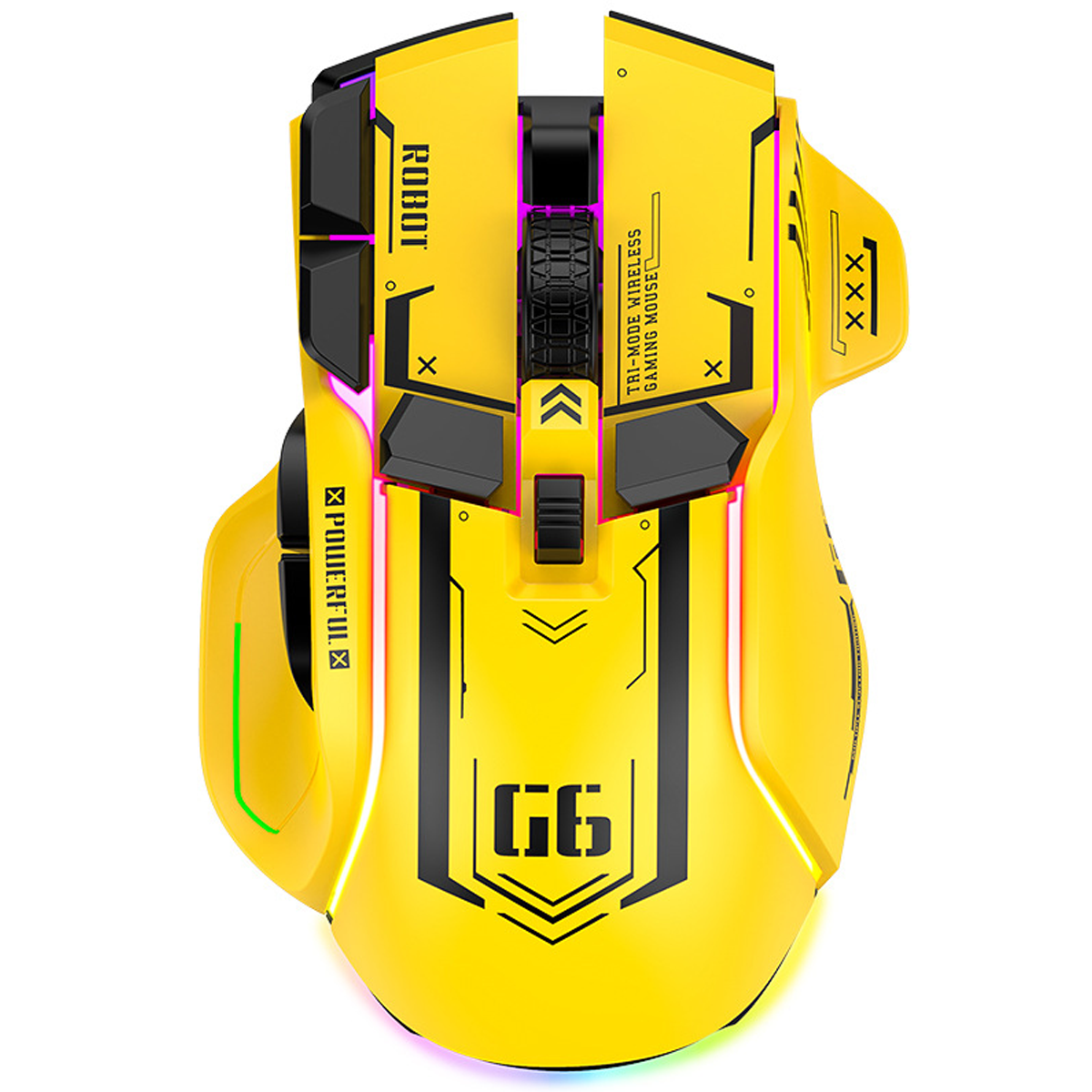 Mouse da gioco giallo con dettagli neri e luci a LED. Ha più pulsanti e una rotella di scorrimento.