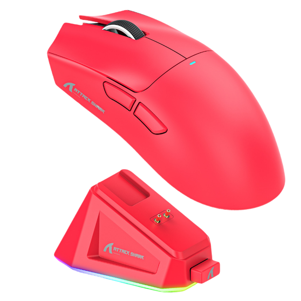 Mouse Attack Shark rosso con base di ricarica. Il mouse ha pulsanti e una rotella.
