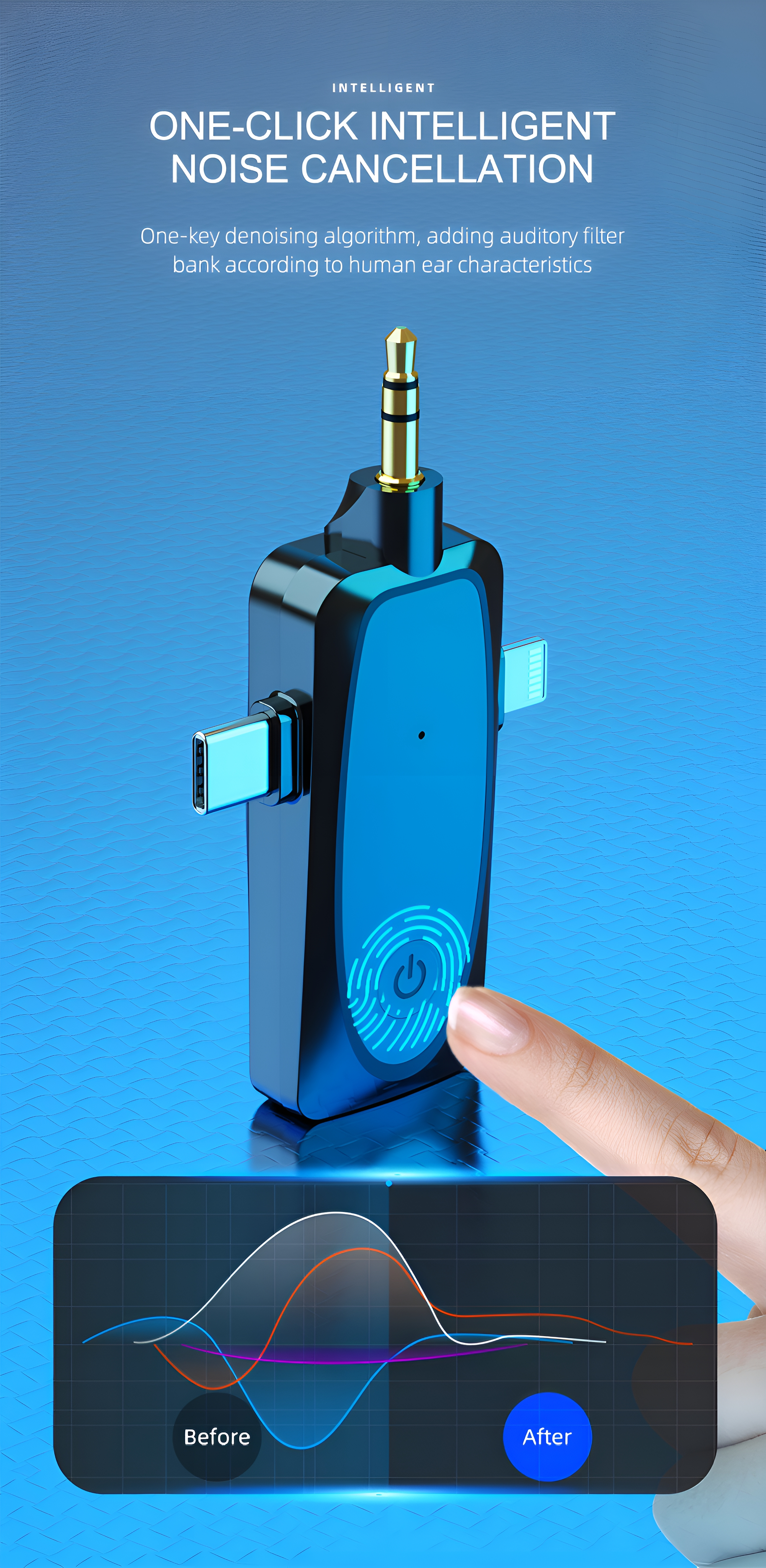 Ein schwarzes und blaues Gerät zur Geräuschunterdrückung mit Fingerabdrucksensor und Ladeanschluss. Blauer Hintergrund.