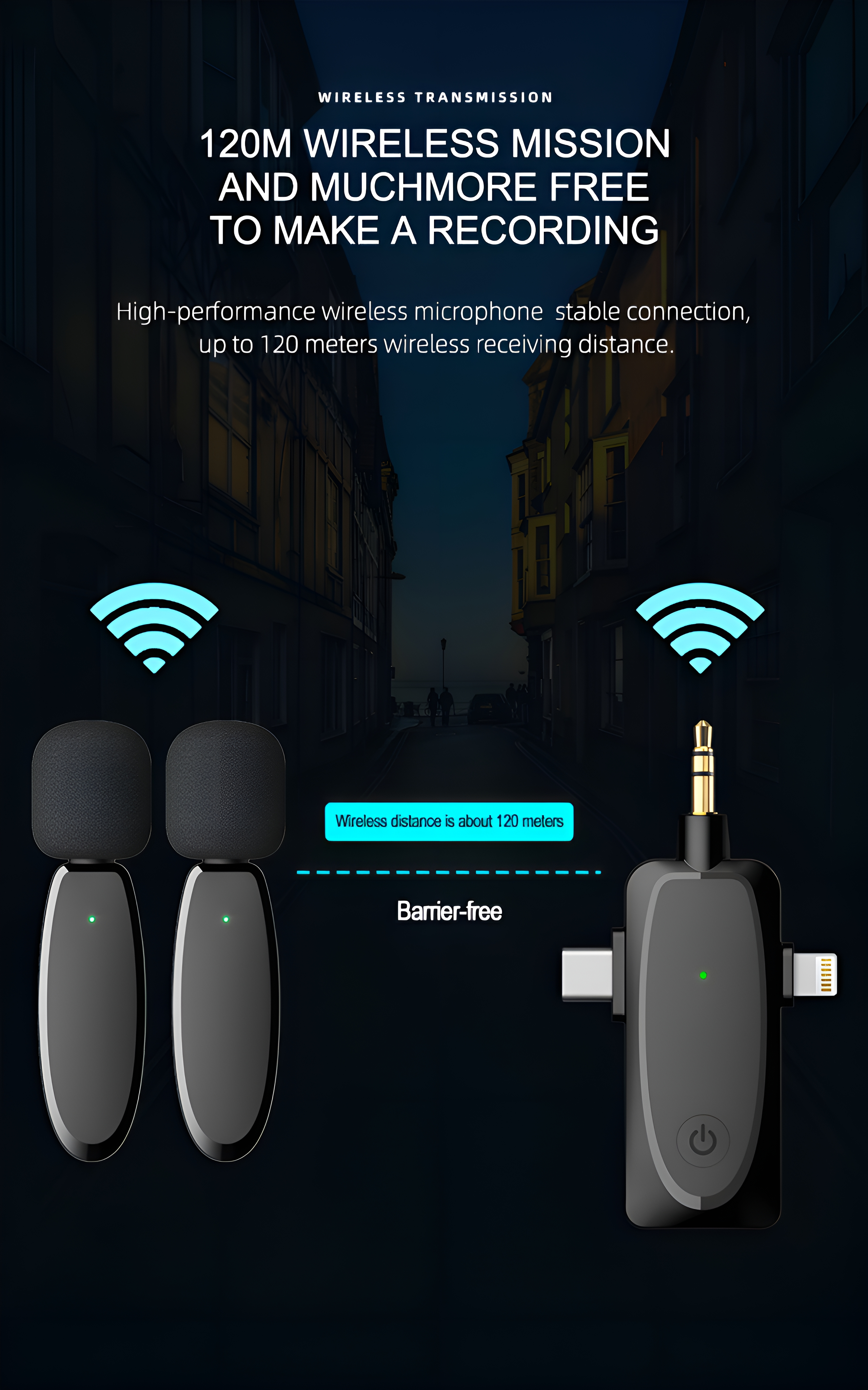 Zwei schwarze Mikrofone und ein Lightning-Adapter. Sie befinden sich in der Nähe eines Hintergrunds mit Text: Wireless-Übertragung.