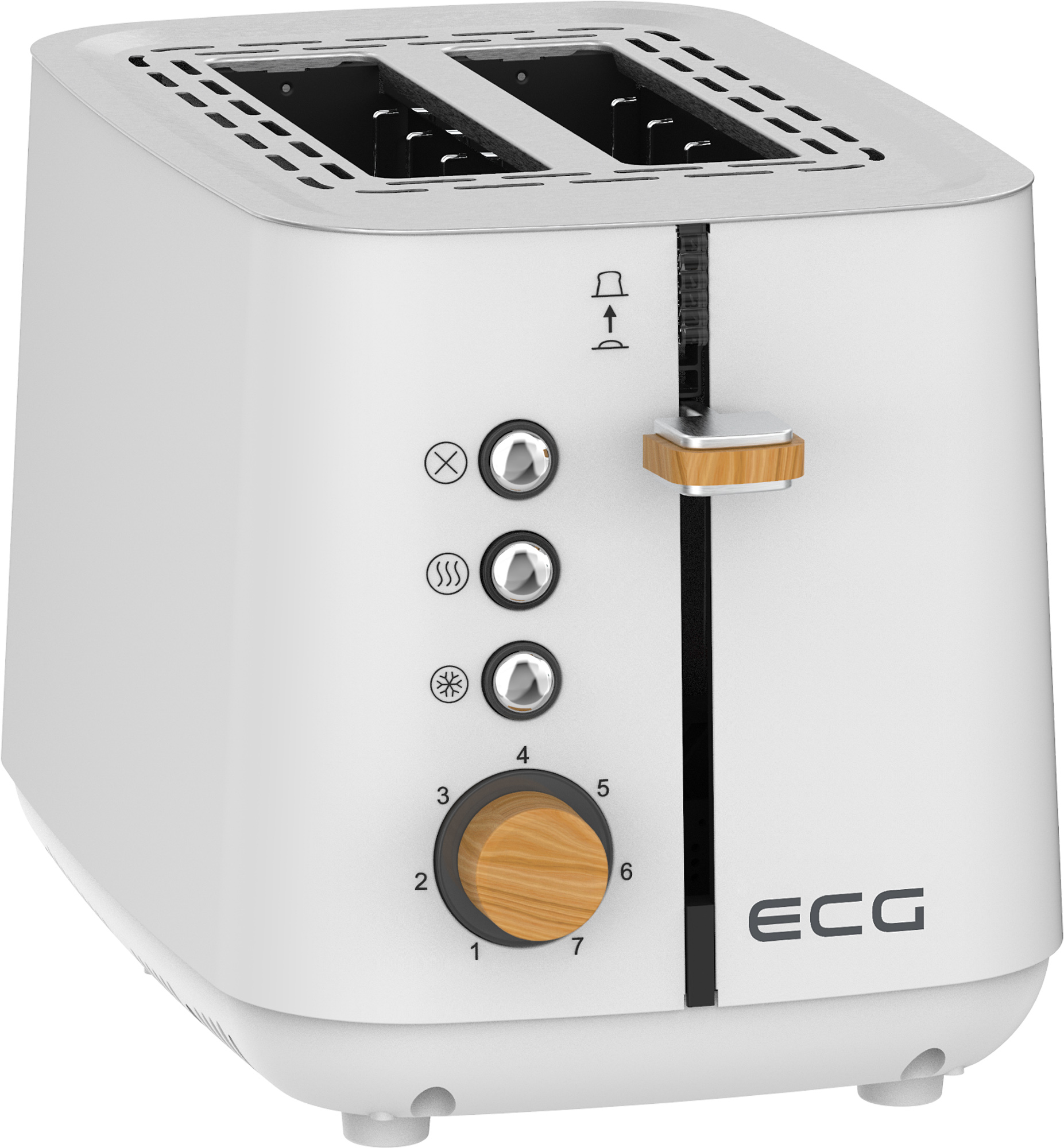 Un tostapane ECG bianco con manico in legno e vari pulsanti.