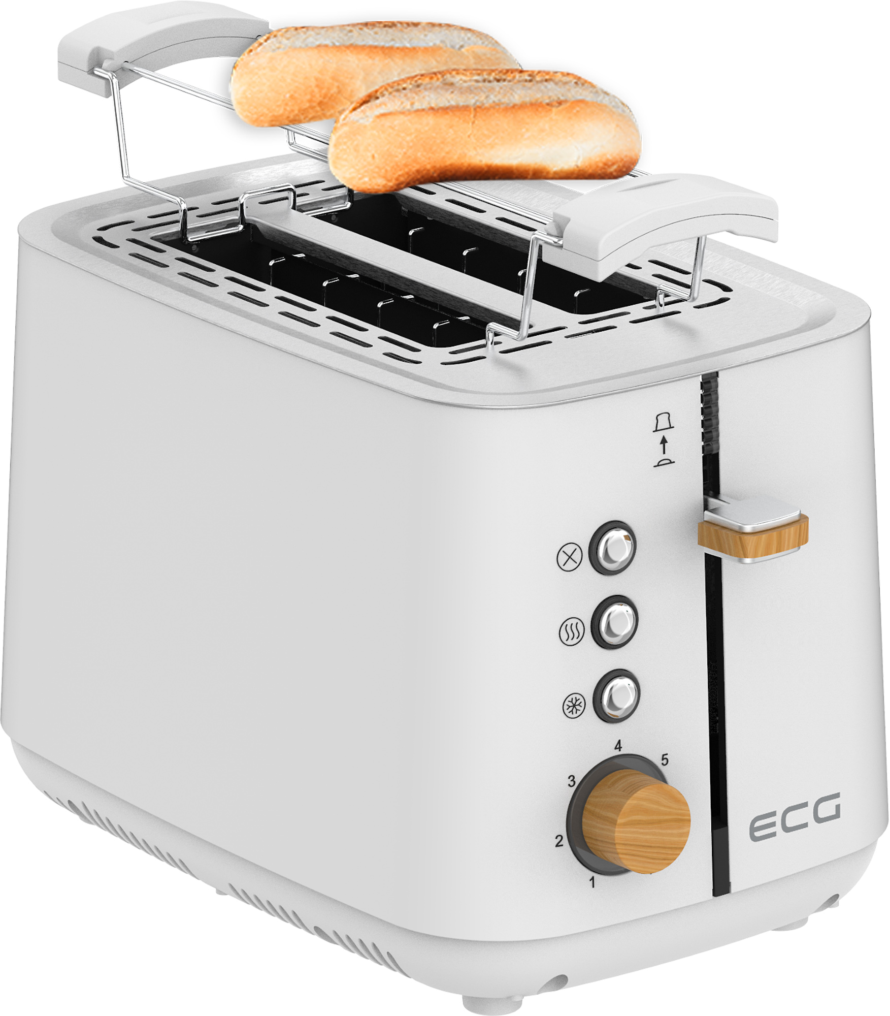 Un tostapane bianco con due fette di pane su una griglia. Accenti in legno sui pulsanti.