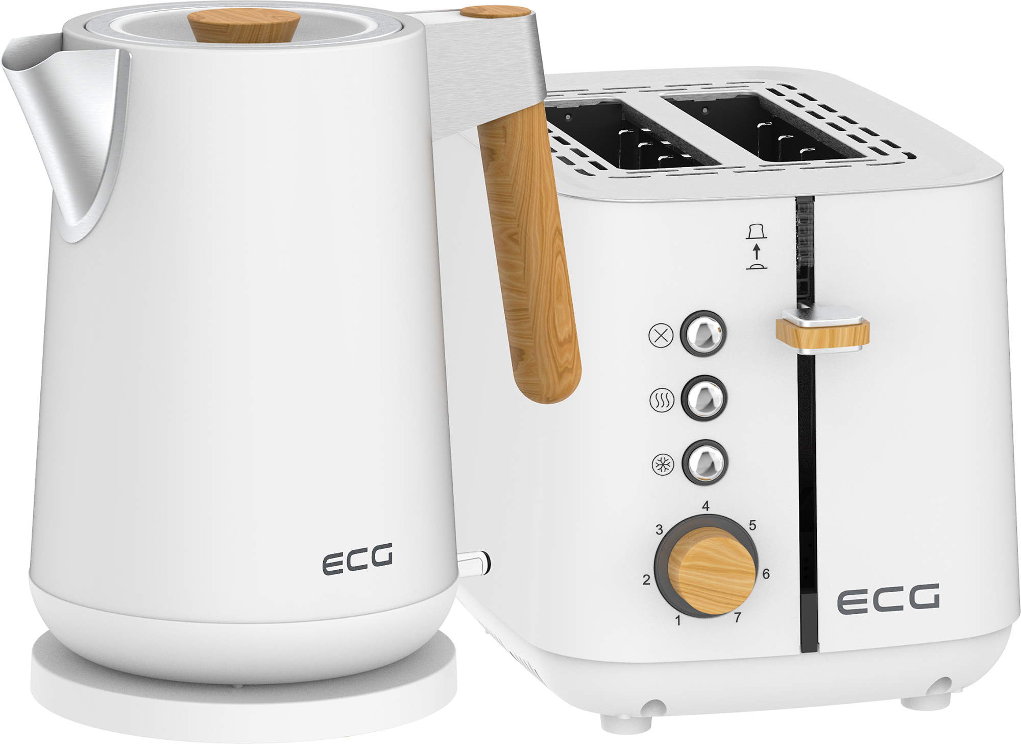 Set di bollitore e tostapane bianchi con dettagli in legno, marchio ECG.