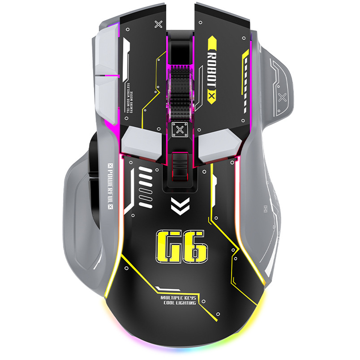 Mouse gaming nero e grigio con tasti multipli, dettagli gialli e illuminazione RGB.