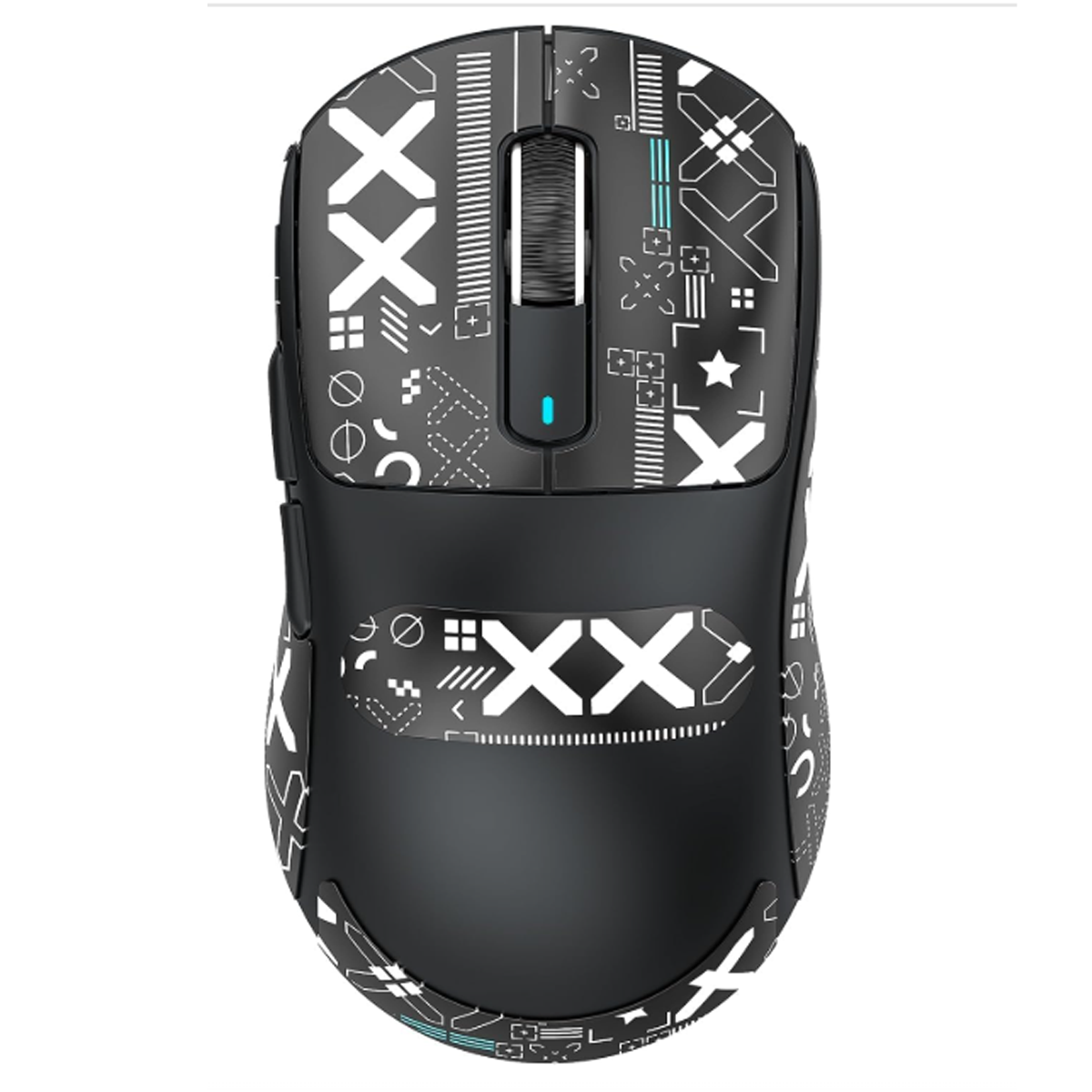 Schwarze Gaming-Maus. Schwarze Gaming-Maus mit weißen Designs und Text. Weißer Hintergrund.