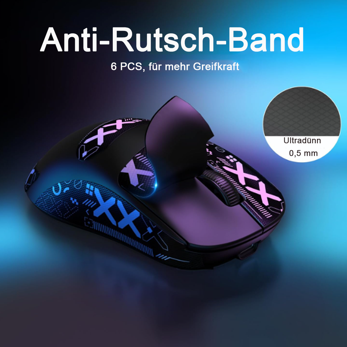 Schwarze Gaming-Maus mit blauen und lila Akzenten und strukturierter Oberfläche.