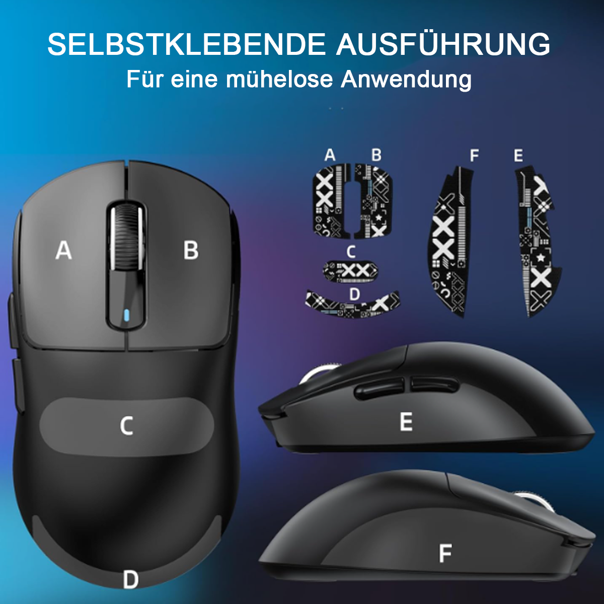 Eine schwarze Maus mit beschrifteten Komponenten. Der Hintergrund ist ein blaues Farbverlauf. Verschiedene Ansichten der Maus werden gezeigt.