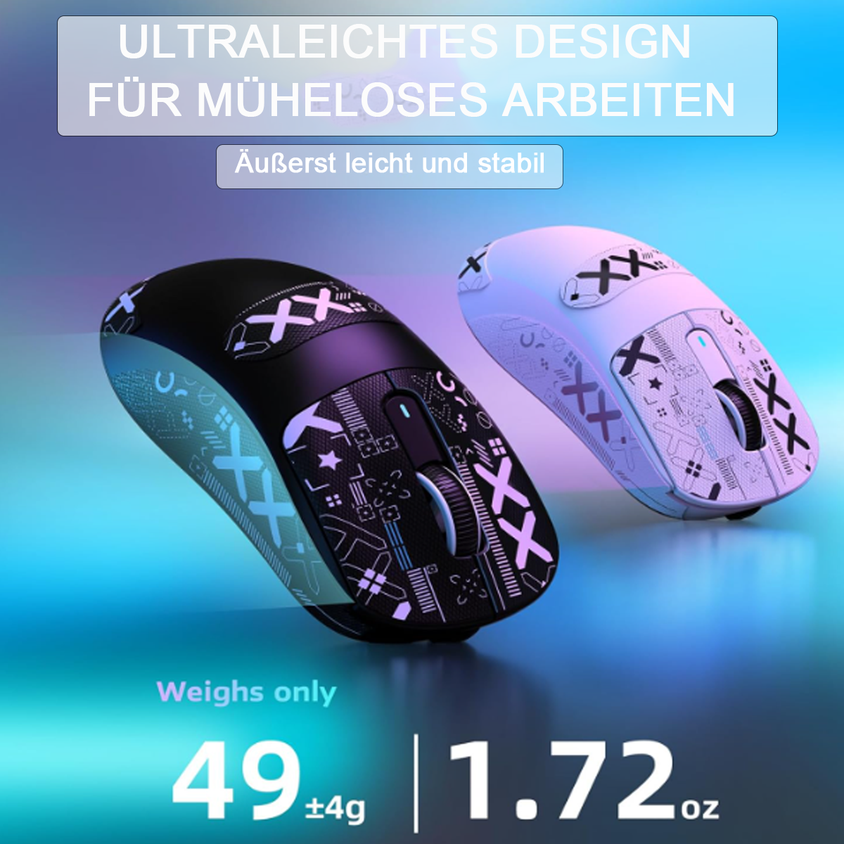 Zwei weiße und schwarze Gaming-Mäuse. Text: Ultraleichtes Design. Wiegt nur 49 g und 1,72 oz.