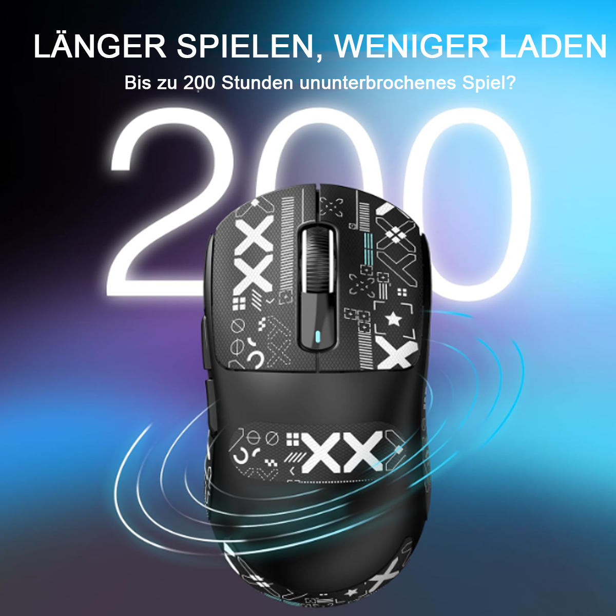 Schwarze Gaming-Maus mit weißem Muster und Text. Die Zahl 200 ist deutlich sichtbar.