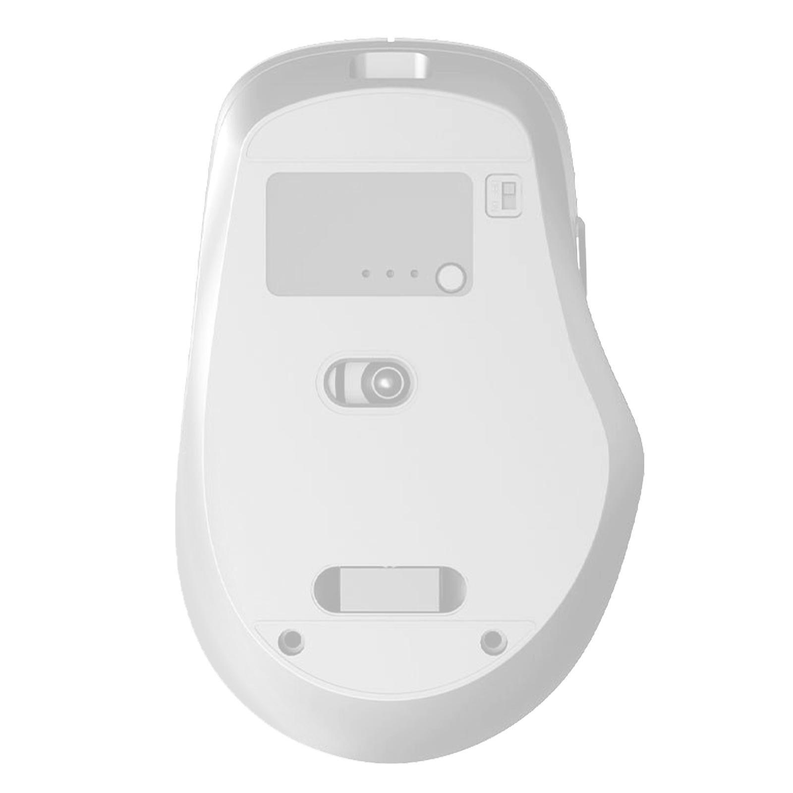 Weiße Computermaus, Unteransicht. Zeigt Sensor, Tasten und andere Details.
