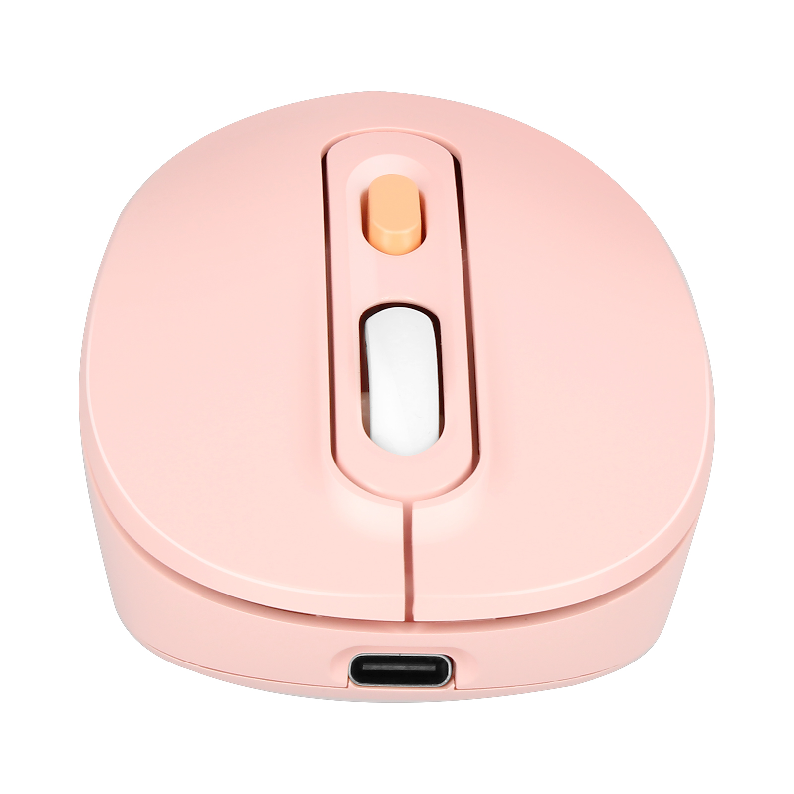 Eine rosa kabellose Maus mit einem Scrollrad und einem USB-C-Anschluss.