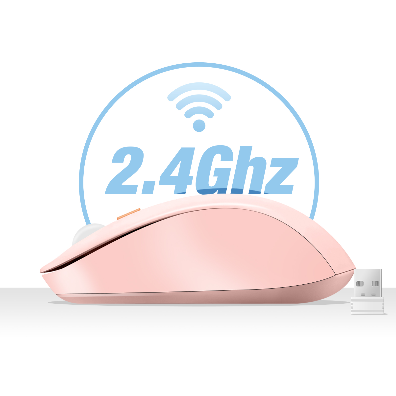 Rosa kabellose Maus mit 2,4 GHz-Symbol und USB-Empfänger. Weißer Hintergrund.