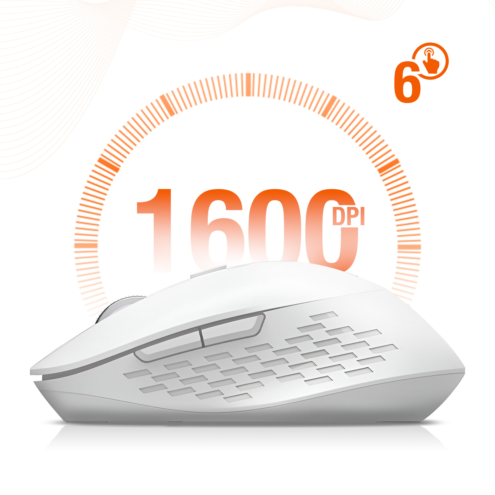 Eine weiße Computermaus mit einer orangefarbenen Grafik, die 1600 DPI und 6 Tasten anzeigt.
