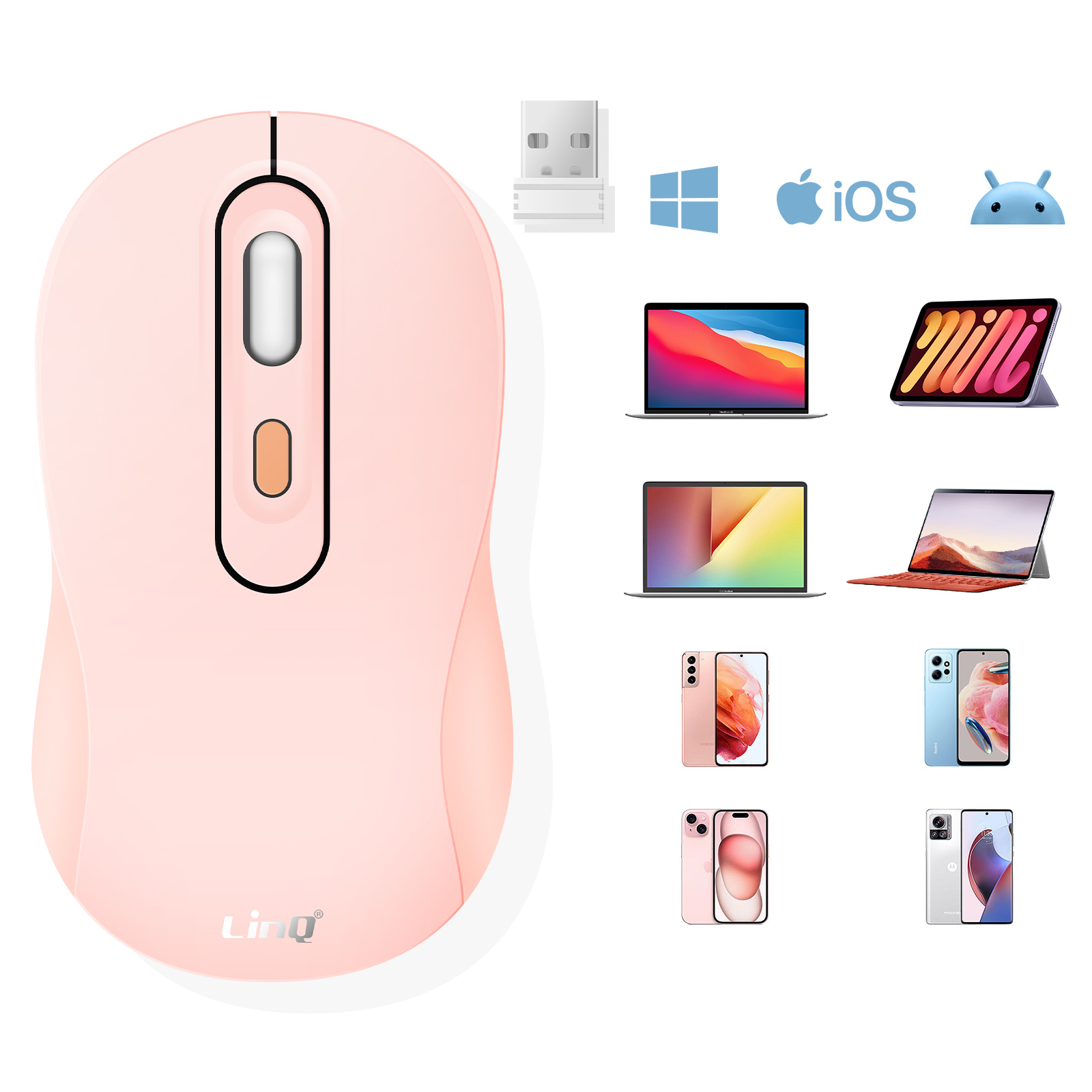 Pinke kabellose Maus mit USB-Empfänger. Laptops, Telefone und Tablets im Hintergrund.