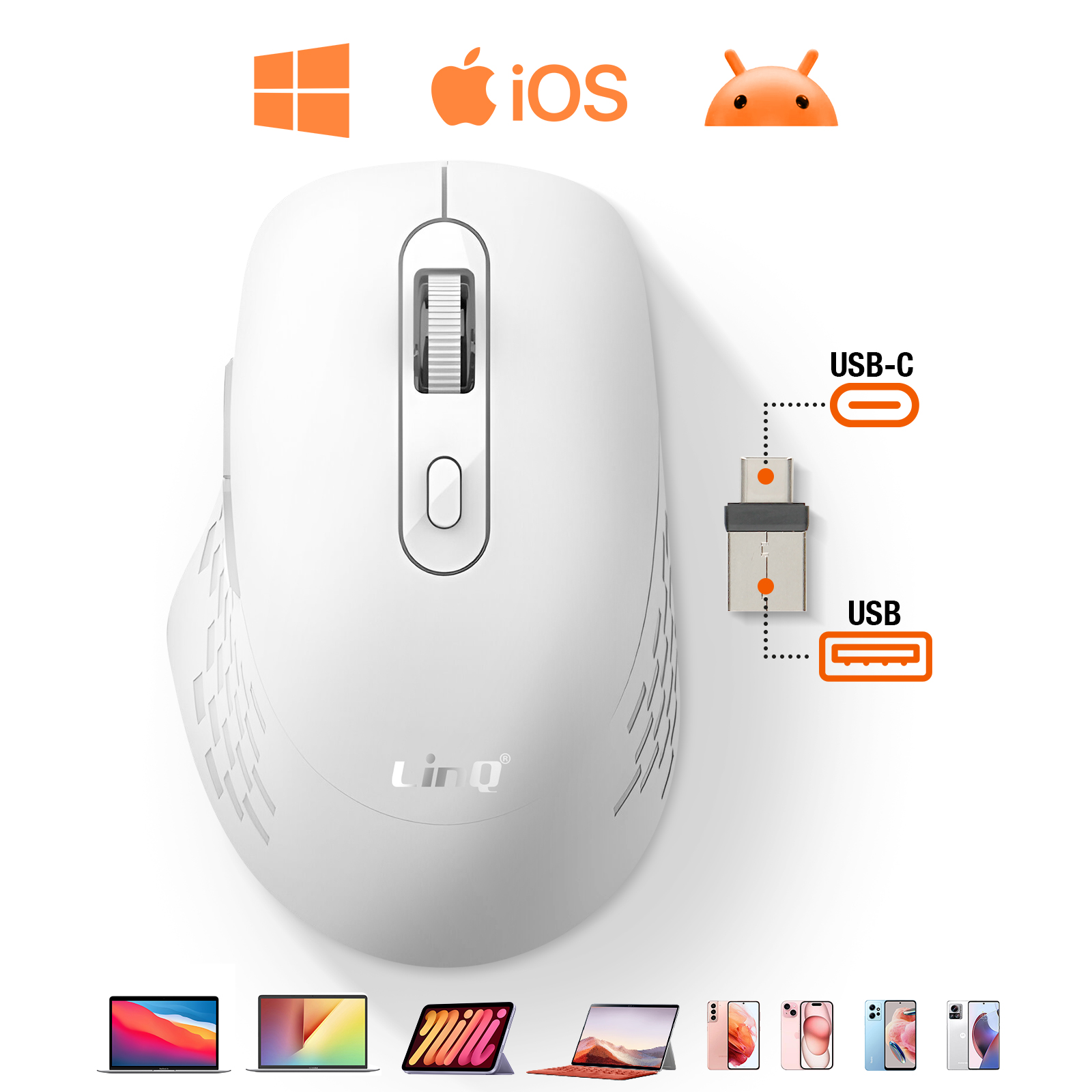 Eine weiße, kabellose Maus mit USB-C- und USB-Adapter sowie Symbolen für Windows, iOS und Android.