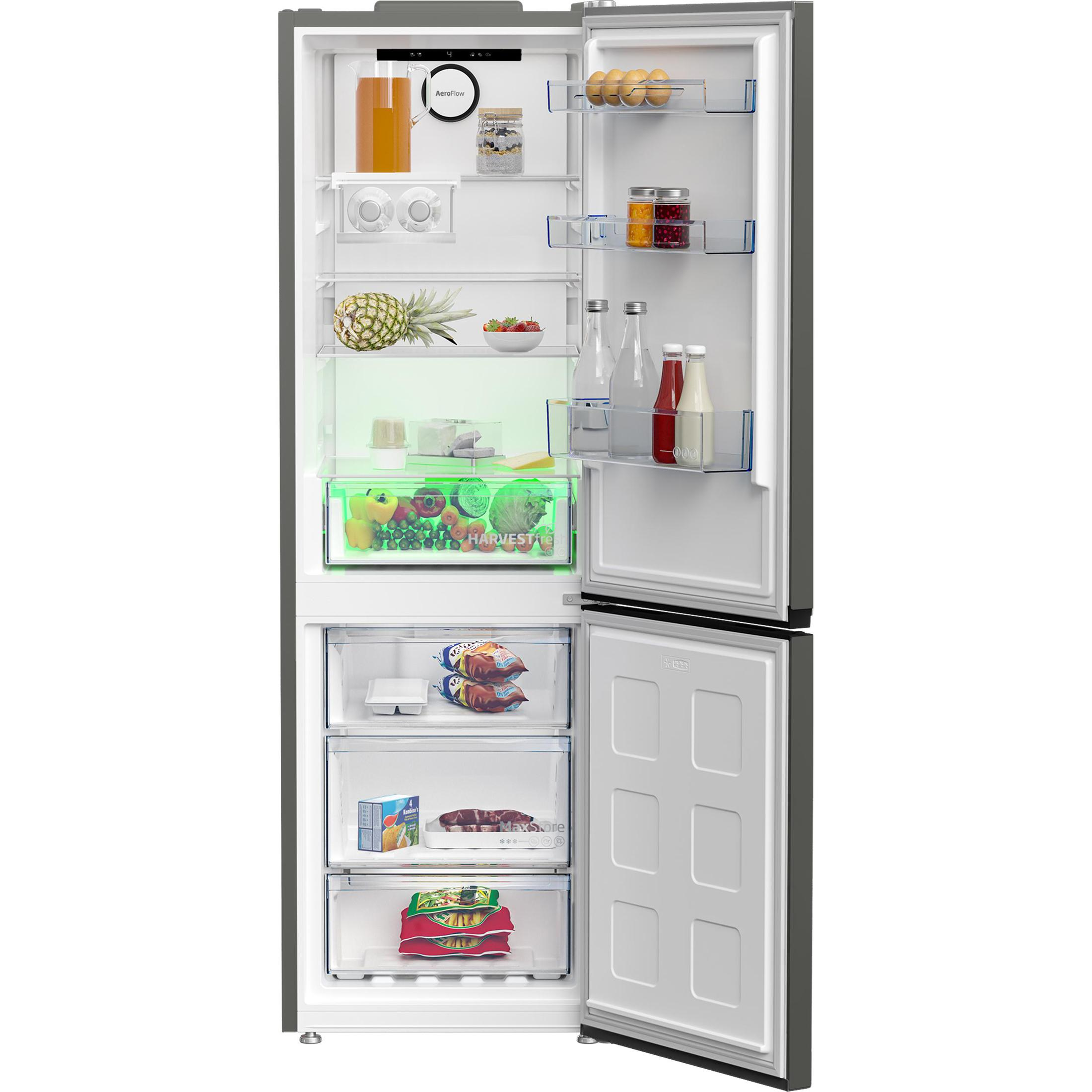 Kühlschrank mit geöffneten Türen, die Lebensmittel in den Fächern zeigen.