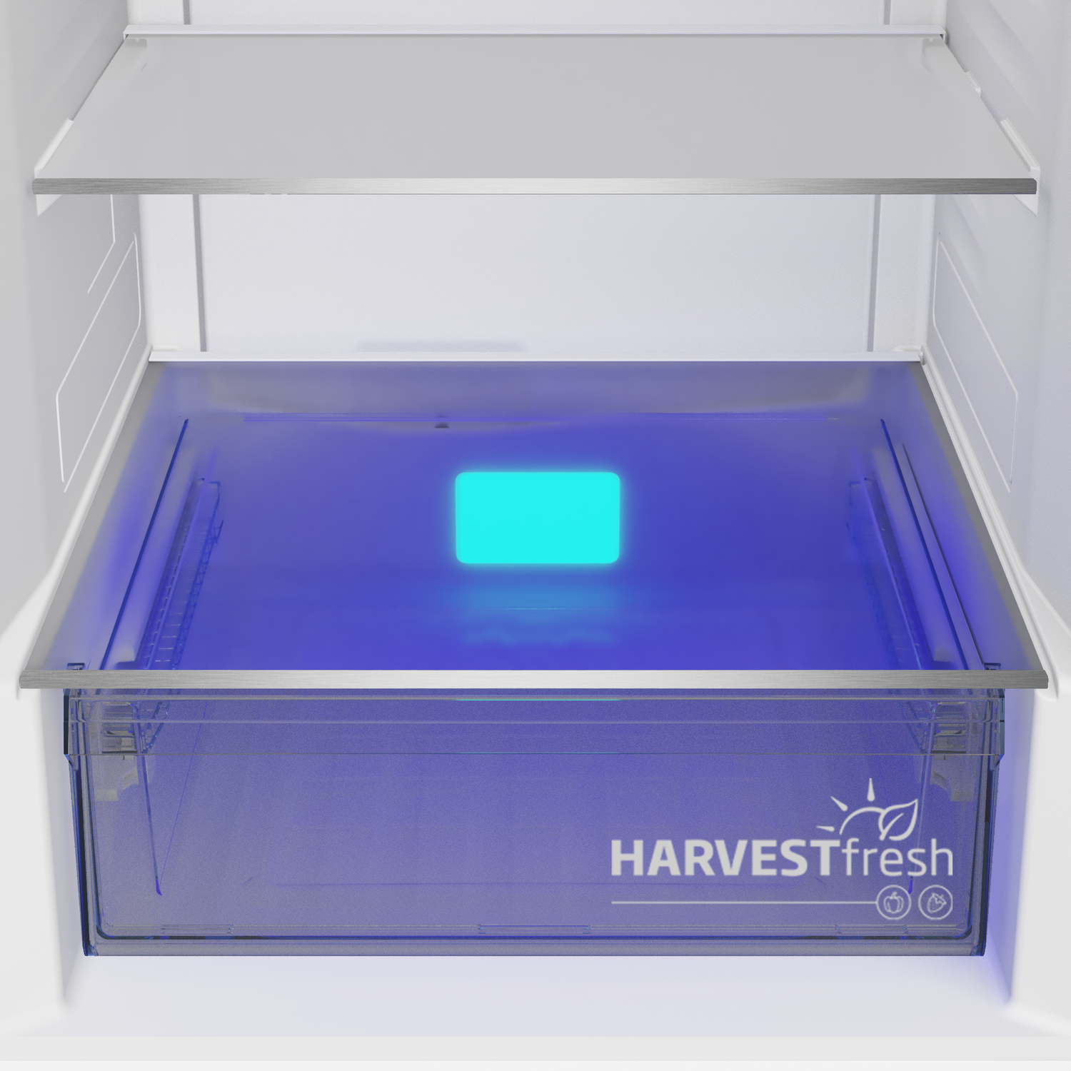 Wewnątrz szuflady lodówki z niebieskim światłem. Szuflada jest przezroczysta i ma napis HARVESTfresh.