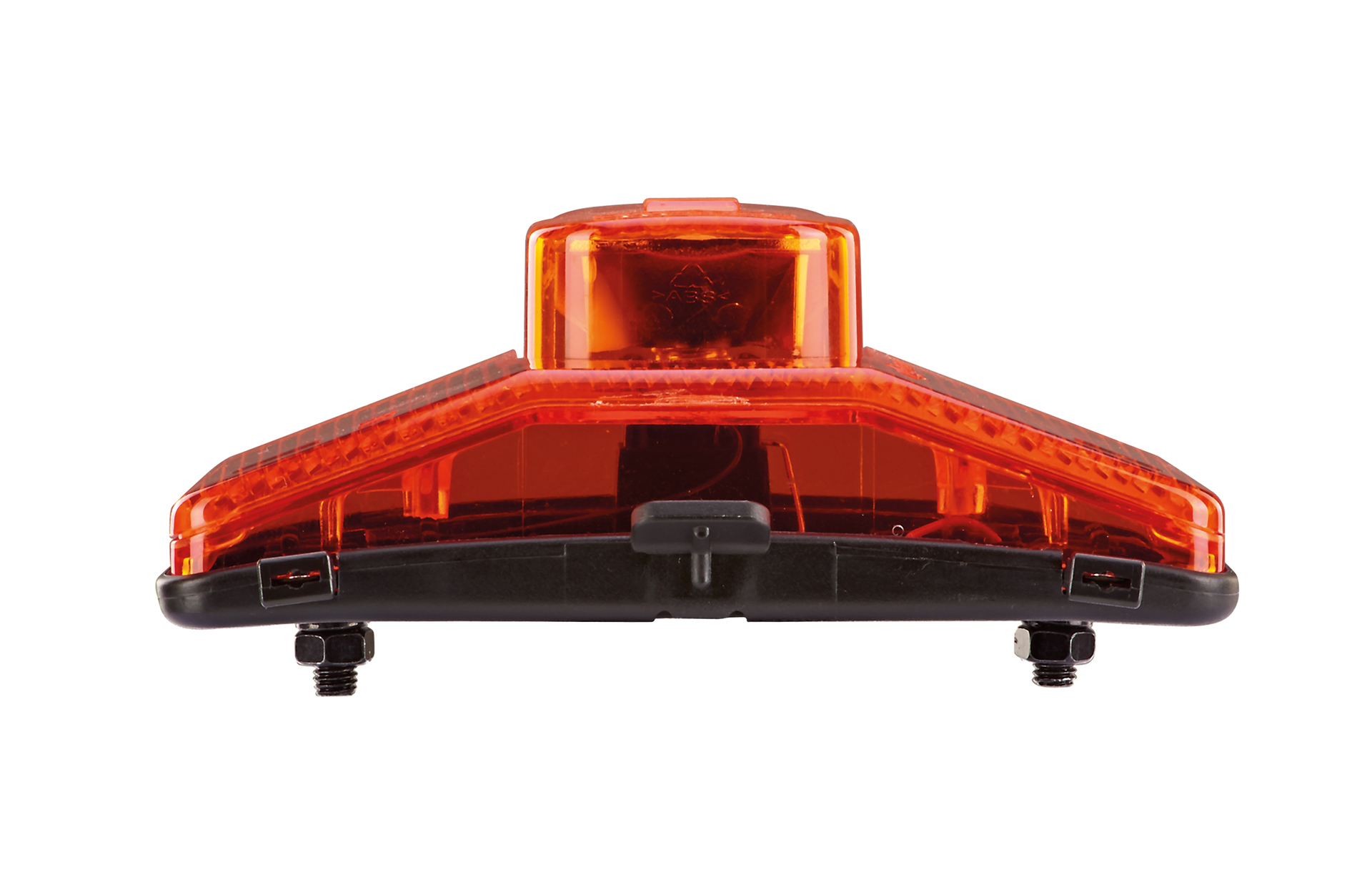 Oranges Auto-Rücklicht. Hat einen schwarzen Sockel und zwei Befestigungsbolzen auf weißem Grund.
