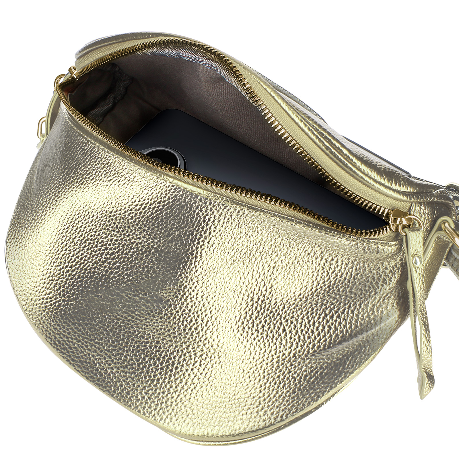 Riñonera de color dorado. La bolsa está abierta, revelando un teléfono en su interior. Fondo blanco.