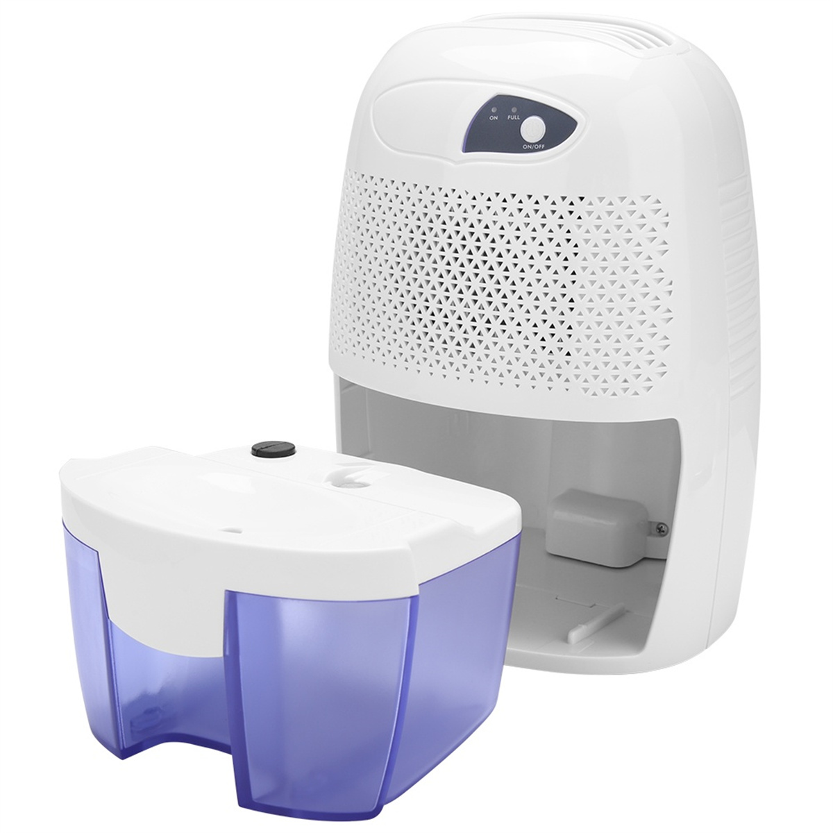 Weißer und blauer Luftentfeuchter mit abnehmbarem blauem Wassertank neben dem Hauptgerät.