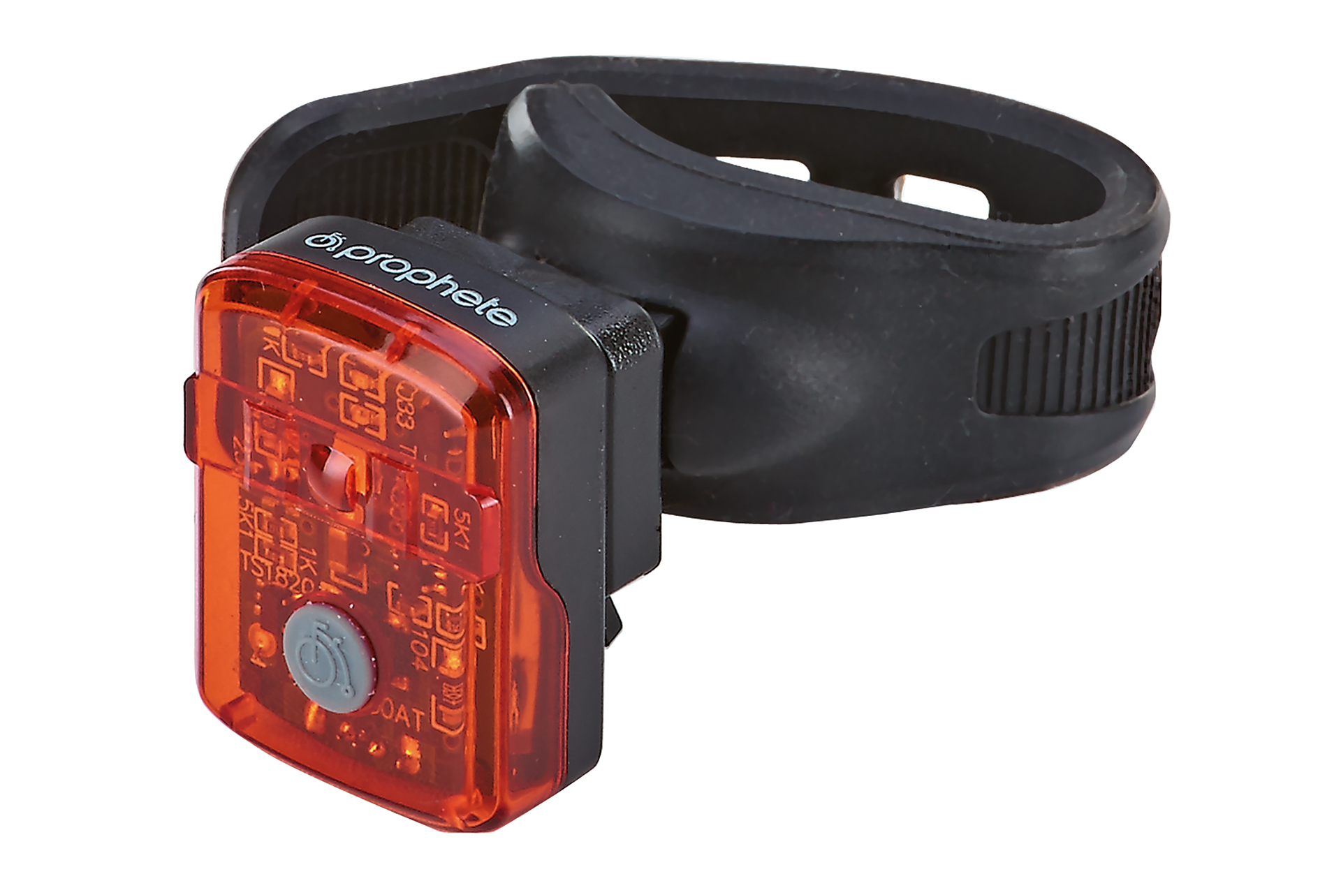 Rotes Fahrradlicht mit schwarzem Riemen. Es hat das Wort Prophete. Isoliert auf weißem Hintergrund.