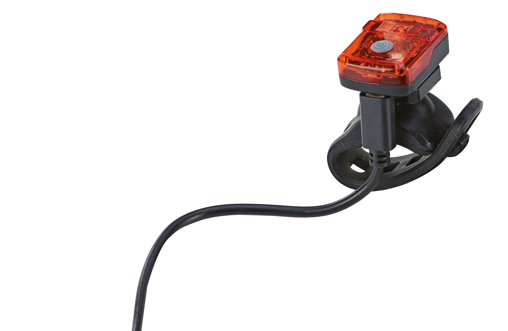 Rotes Fahrradrücklicht mit angeschlossenem Ladekabel. Das Licht befindet sich an einem schwarzen Riemen.