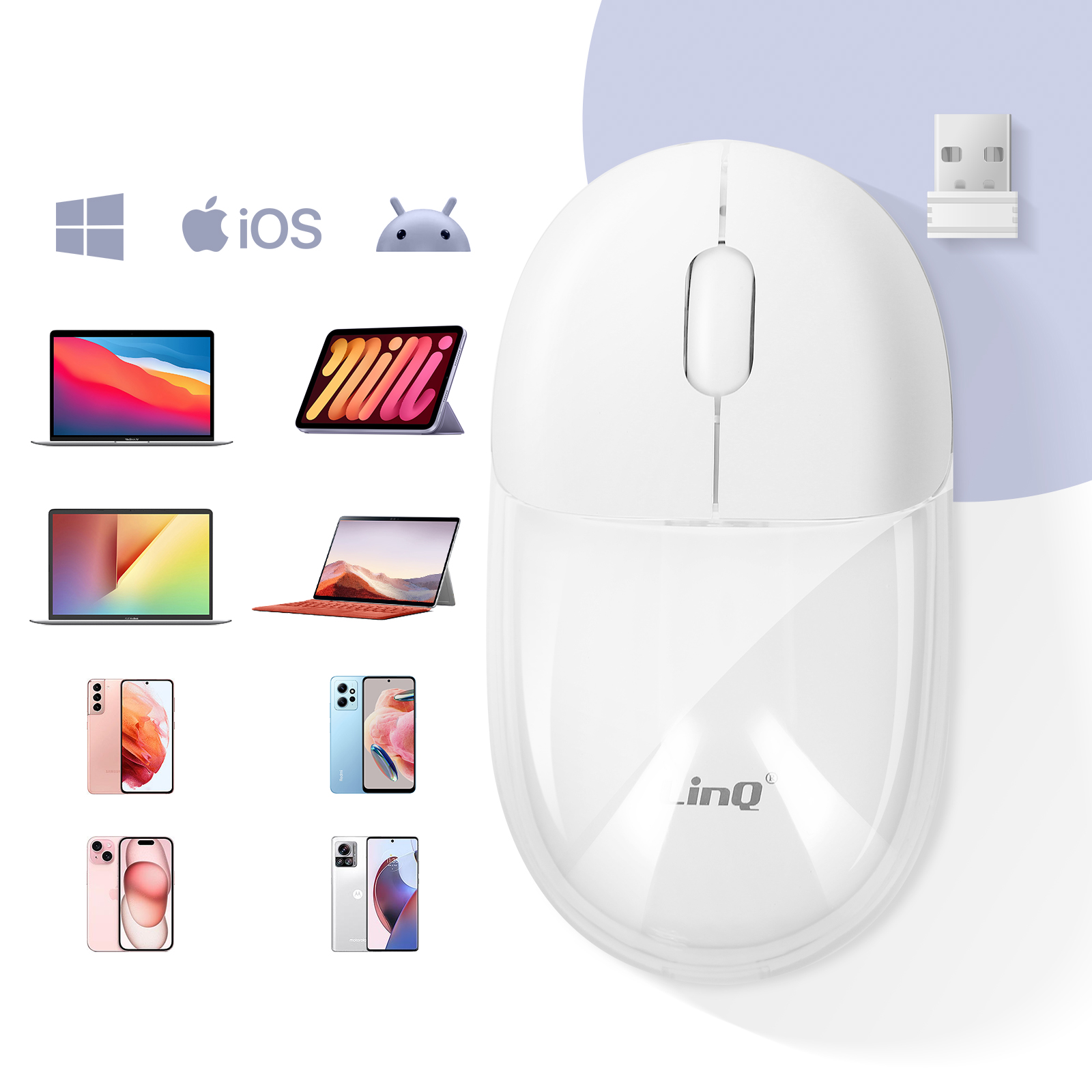Weiße kabellose Maus mit USB-Empfänger. Symbole für Windows, iOS, Android und Geräte vorhanden.