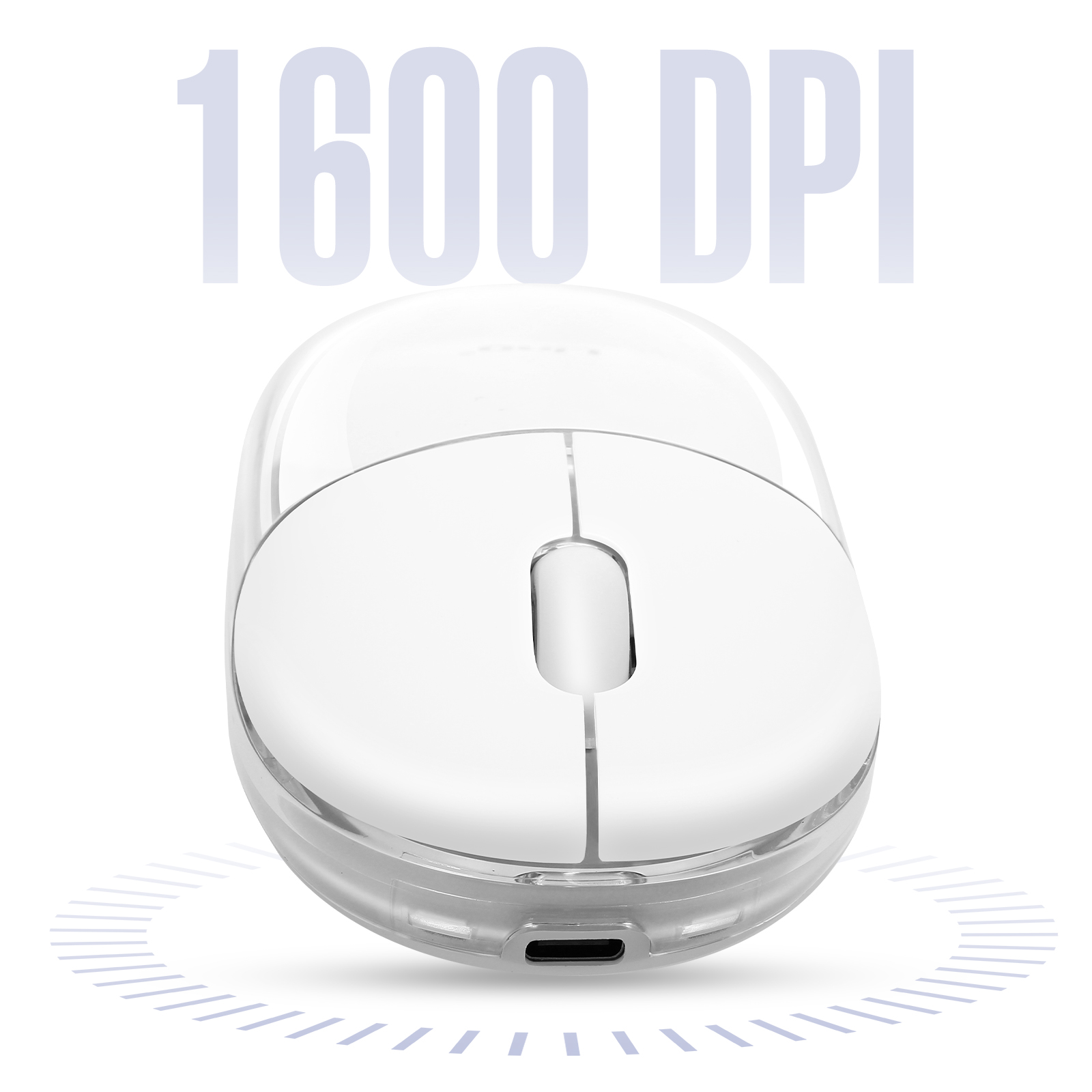 Weiße kabellose Maus mit transparentem Deckel. Text "1600 DPI" steht über der Maus.