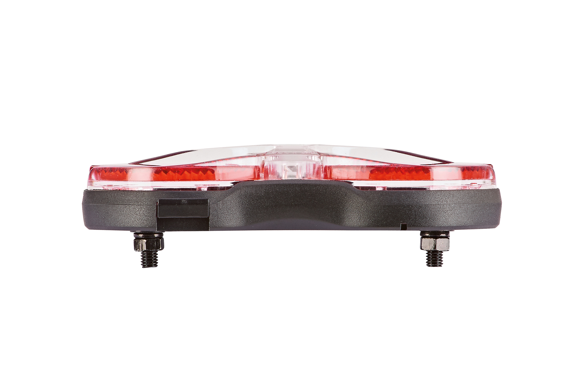 Eine rote und klare LED-Leuchte mit schwarzem Sockel und Schrauben.