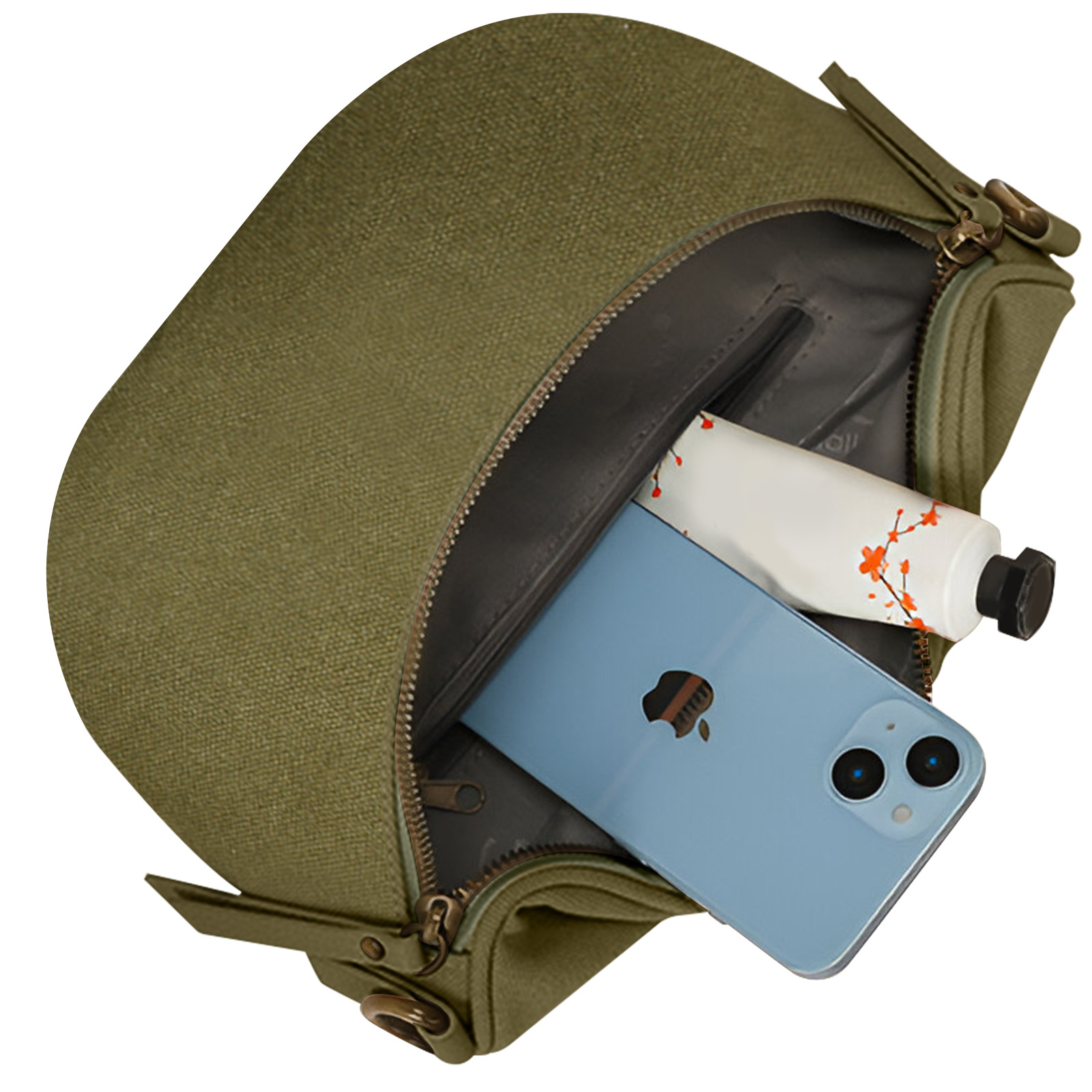 Bolso verde oliva con un smartphone y un tubo de cosméticos dentro, abierto con cremallera.