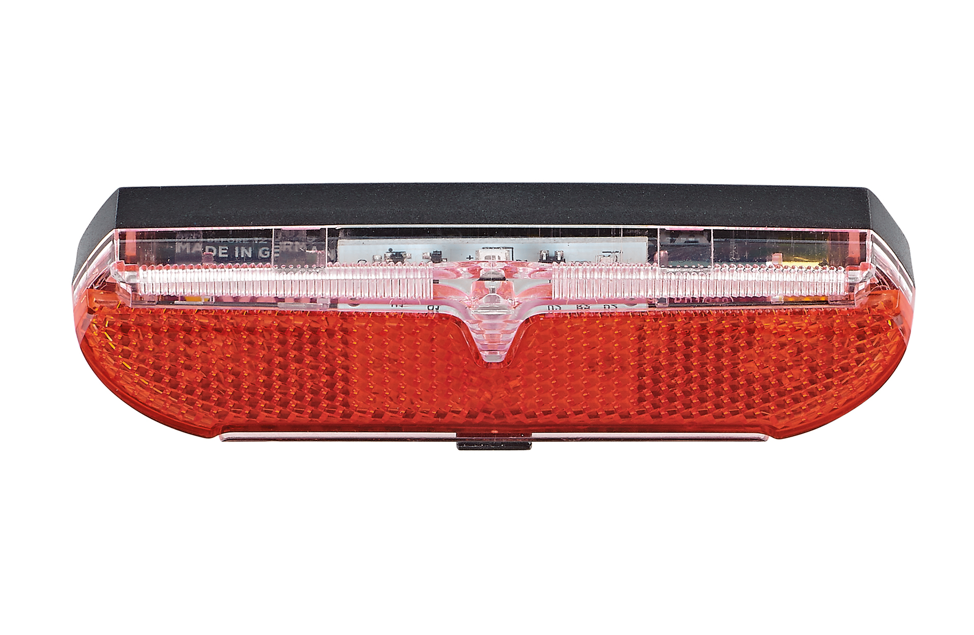 Ein rotes Fahrradlicht mit schwarzem Oberteil und durchsichtigem Mittelteil.