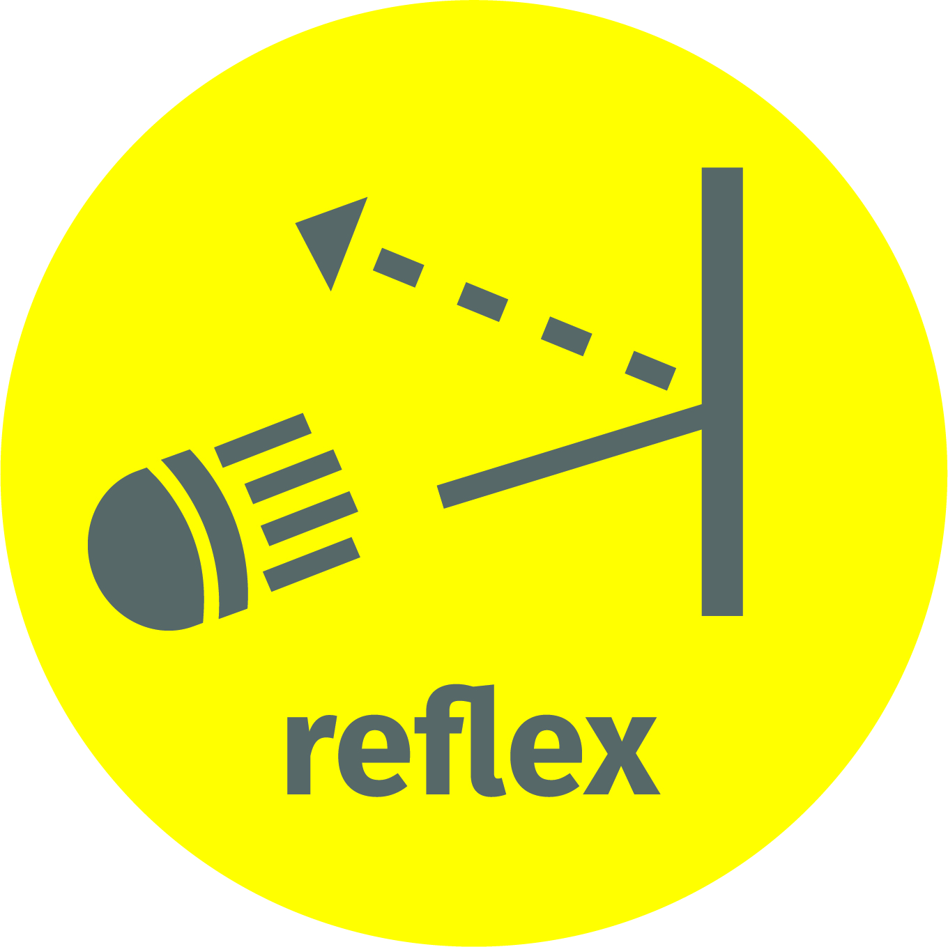 Gelber Kreis mit einem grauen Symbol einer Lampe, die Licht auf eine Wand reflektiert.