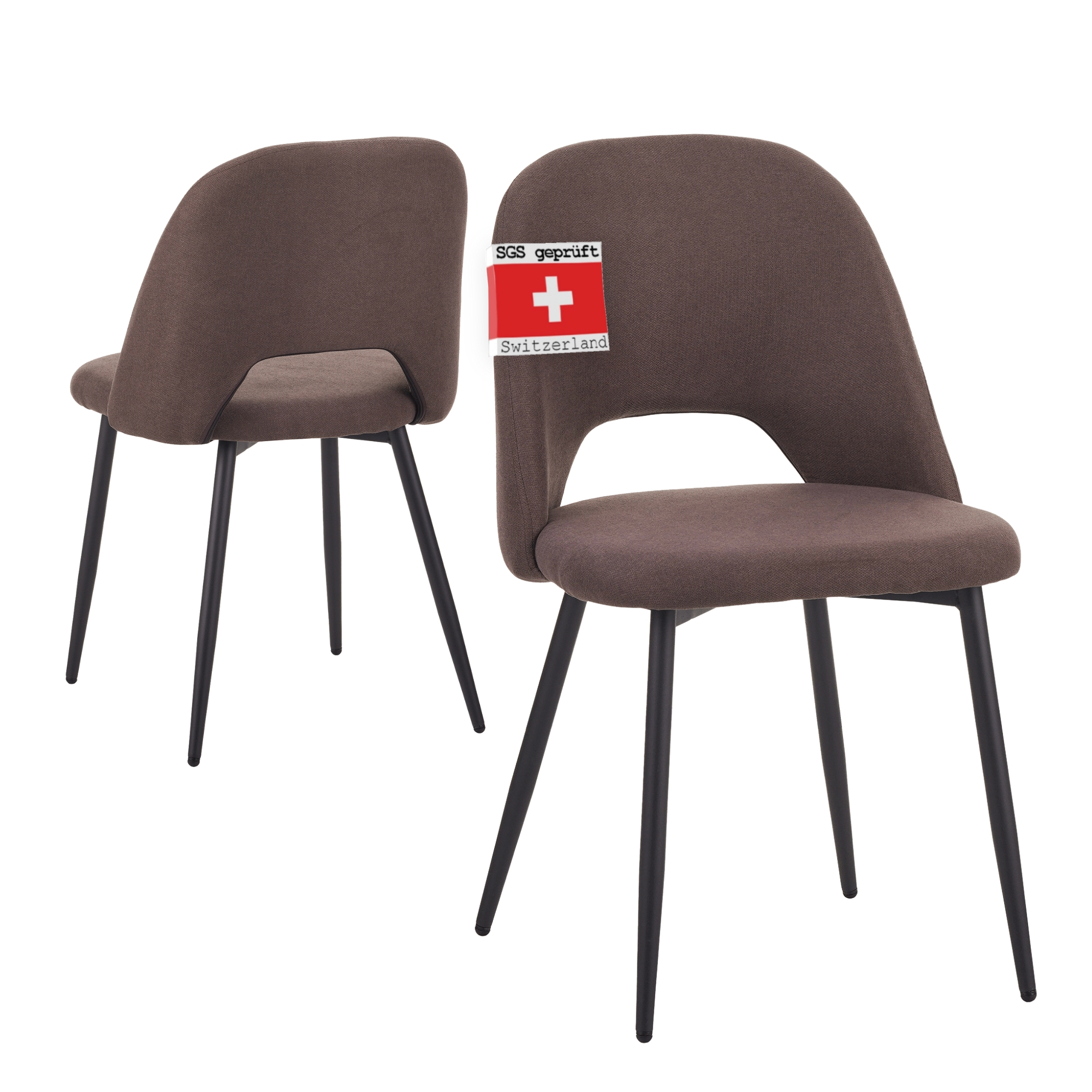 Zwei braune Stoffstühle mit schwarzen Beinen, einer mit Schweizer Flaggenetikett.