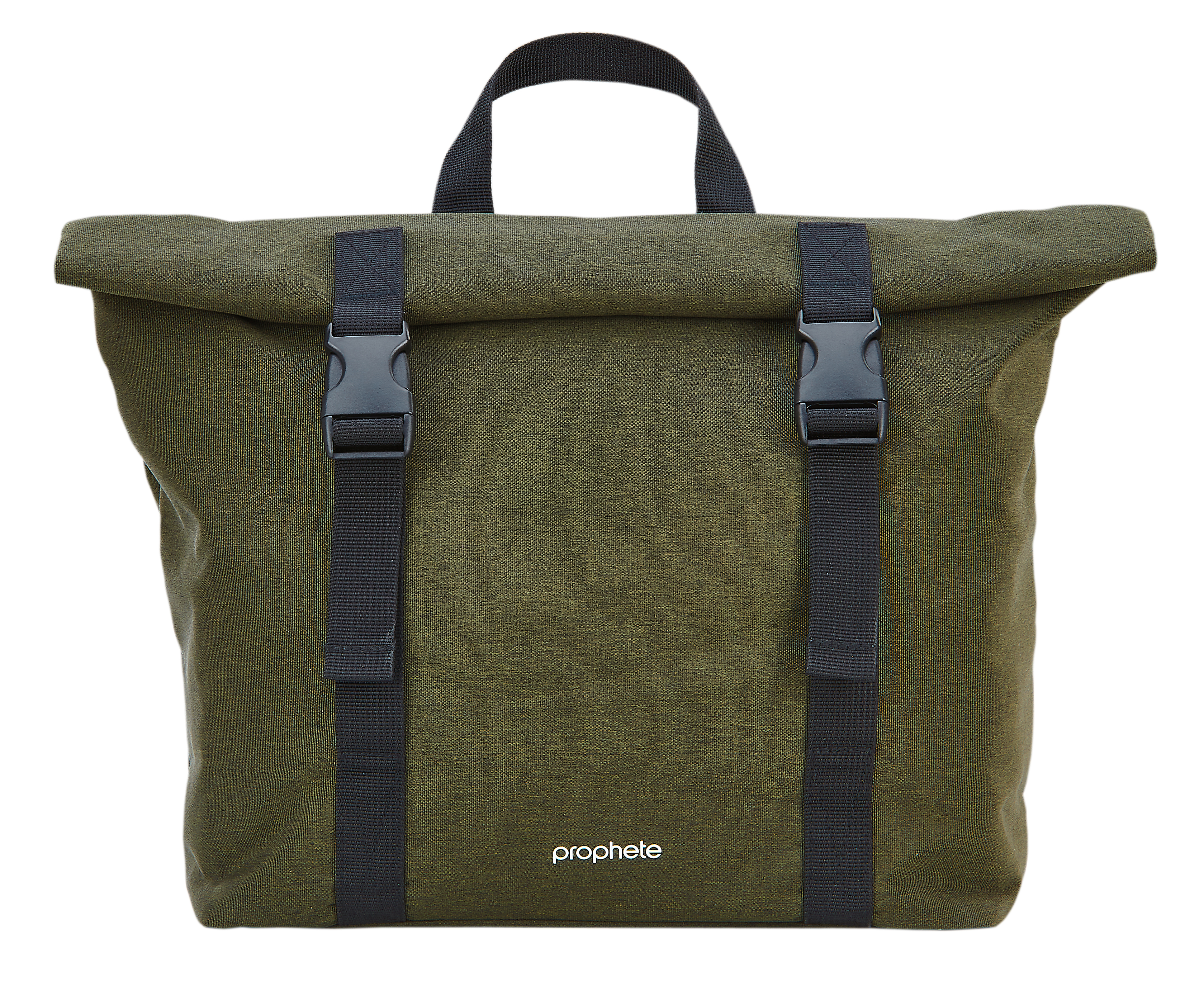 Eine grüne Tasche mit schwarzen Schnallen und Riemen. Sie hat einen Rollverschluss und das Wort 'prophete'.